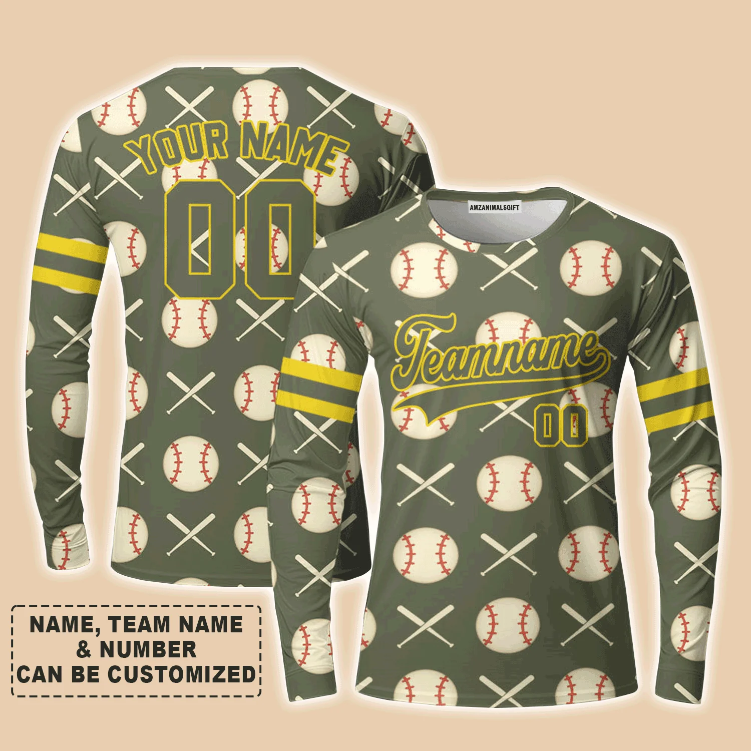 Customized Baseball Long Sleeve Shirt, Olive Baseball Striped Pattern Custom Long Sleeve Shirt - Perfect Long Sleeve Shirt For Men & Woman, Baseball Lovers - Image 4
