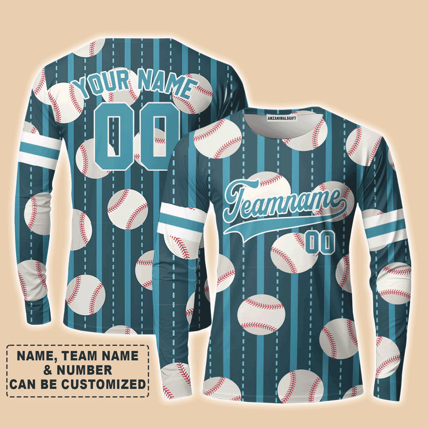 Customized Baseball Long Sleeve Shirt, Teal Baseball Striped Pattern Teal White Custom Long Sleeve Shirt - Perfect Long Sleeve Shirt For Men & Woman, Baseball Lovers - Image 3