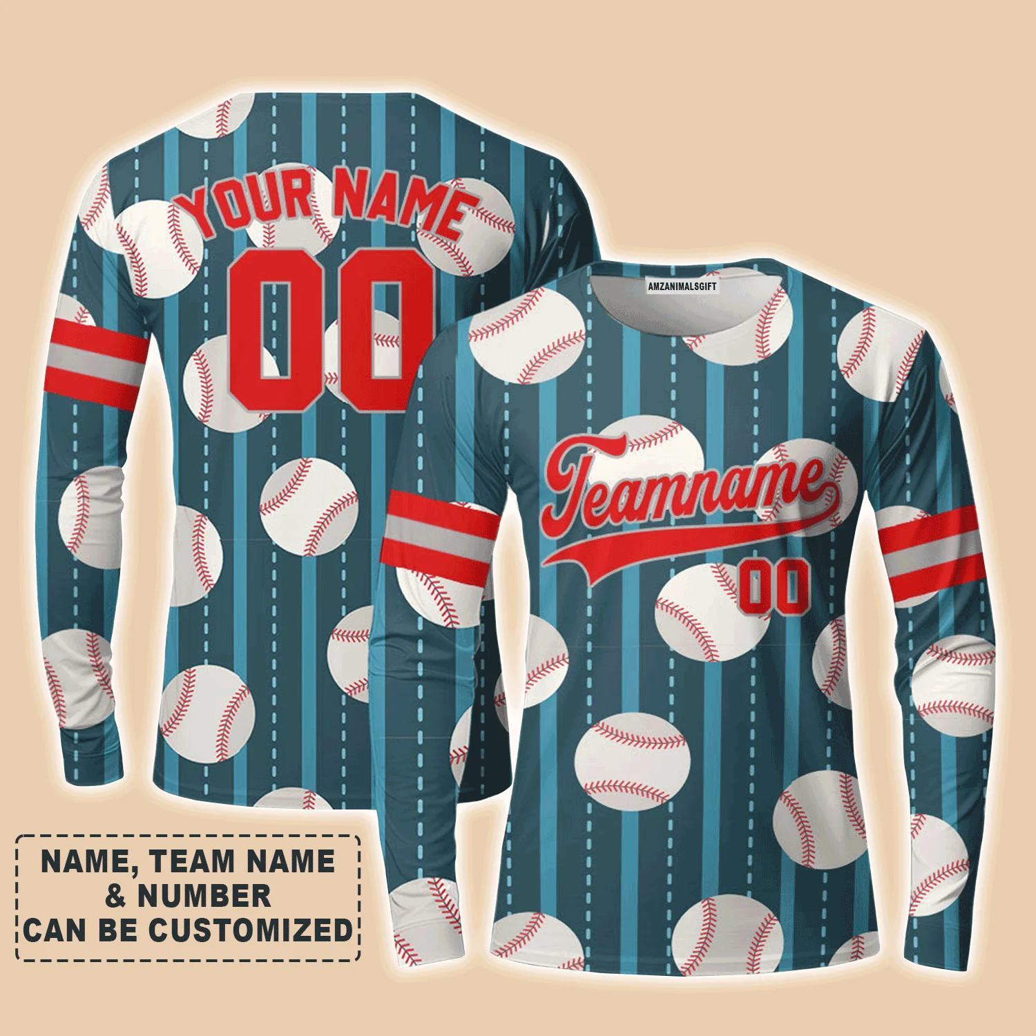 Customized Baseball Long Sleeve Shirt, Teal Baseball Striped Pattern Teal White Custom Long Sleeve Shirt - Perfect Long Sleeve Shirt For Men & Woman, Baseball Lovers - Image 4