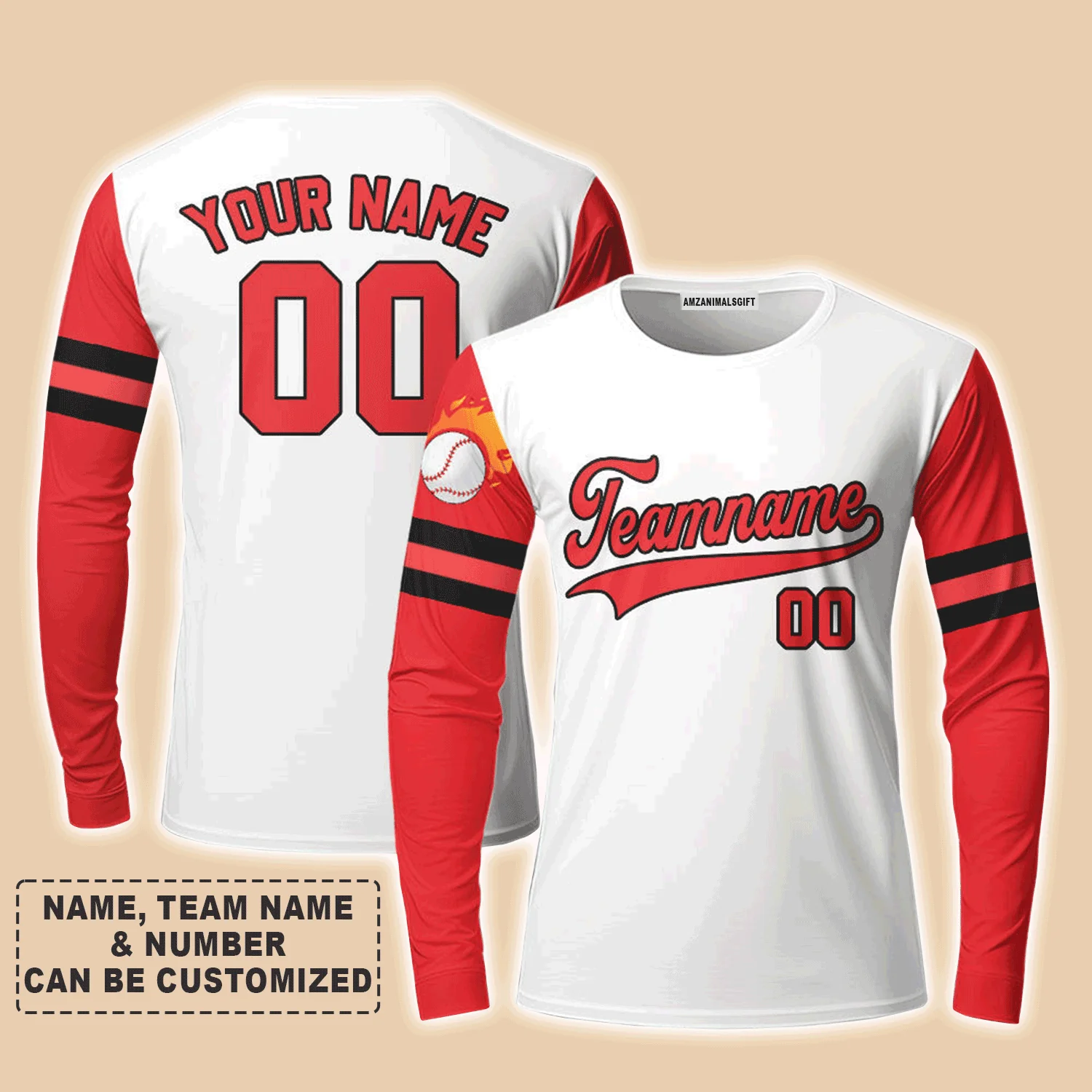Customized Baseball Long Sleeve Shirt, Texas Fire Baseball White Red Custom Long Sleeve Shirt - Perfect Long Sleeve Shirt For Men & Woman, Baseball Lovers - Image 3
