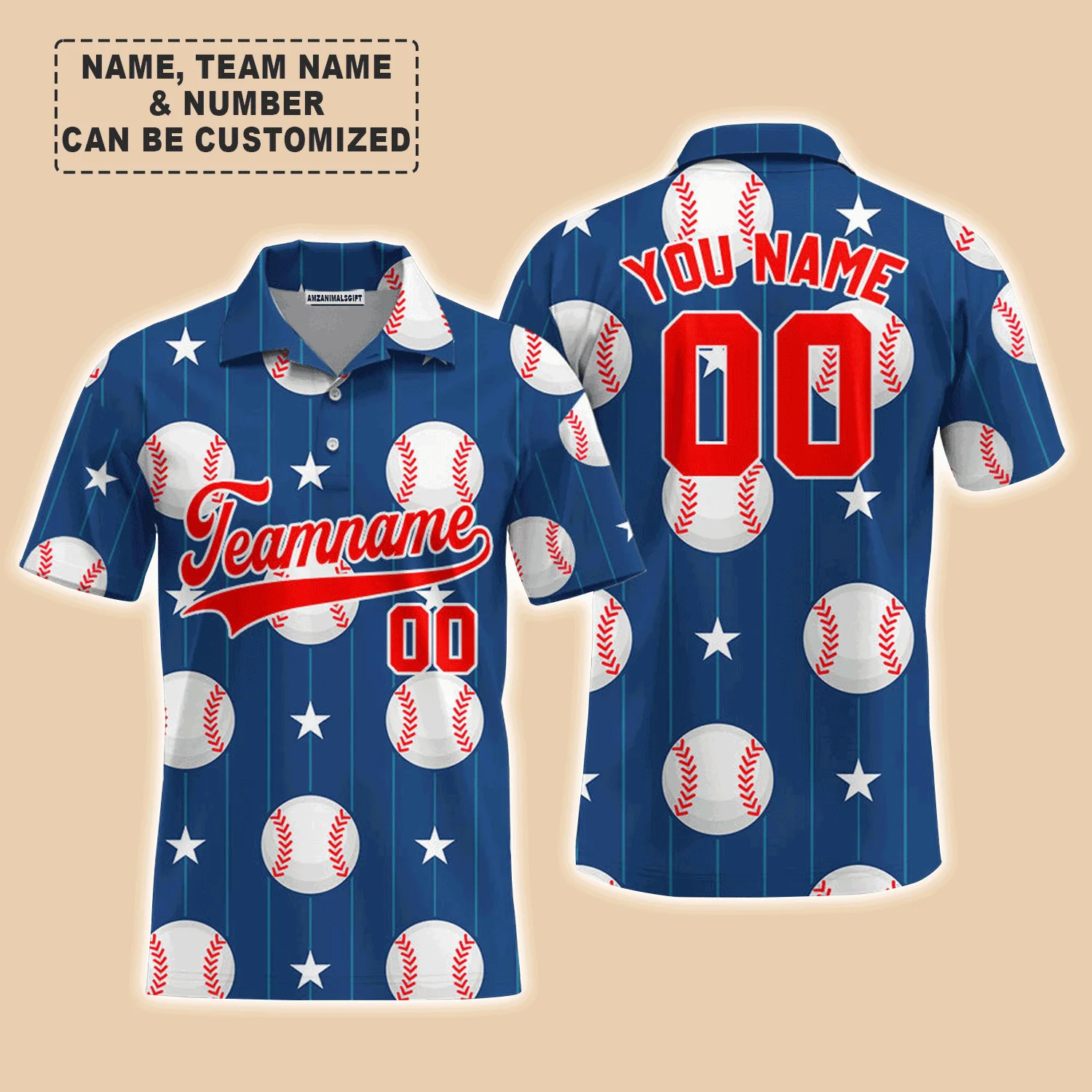 Customized Baseball Men Polo Shirt, Custom Navy Baseball Striped Pattern Custom Polo Shirt - Perfect Polo Shirt For Men, Baseball Lovers - Image 2