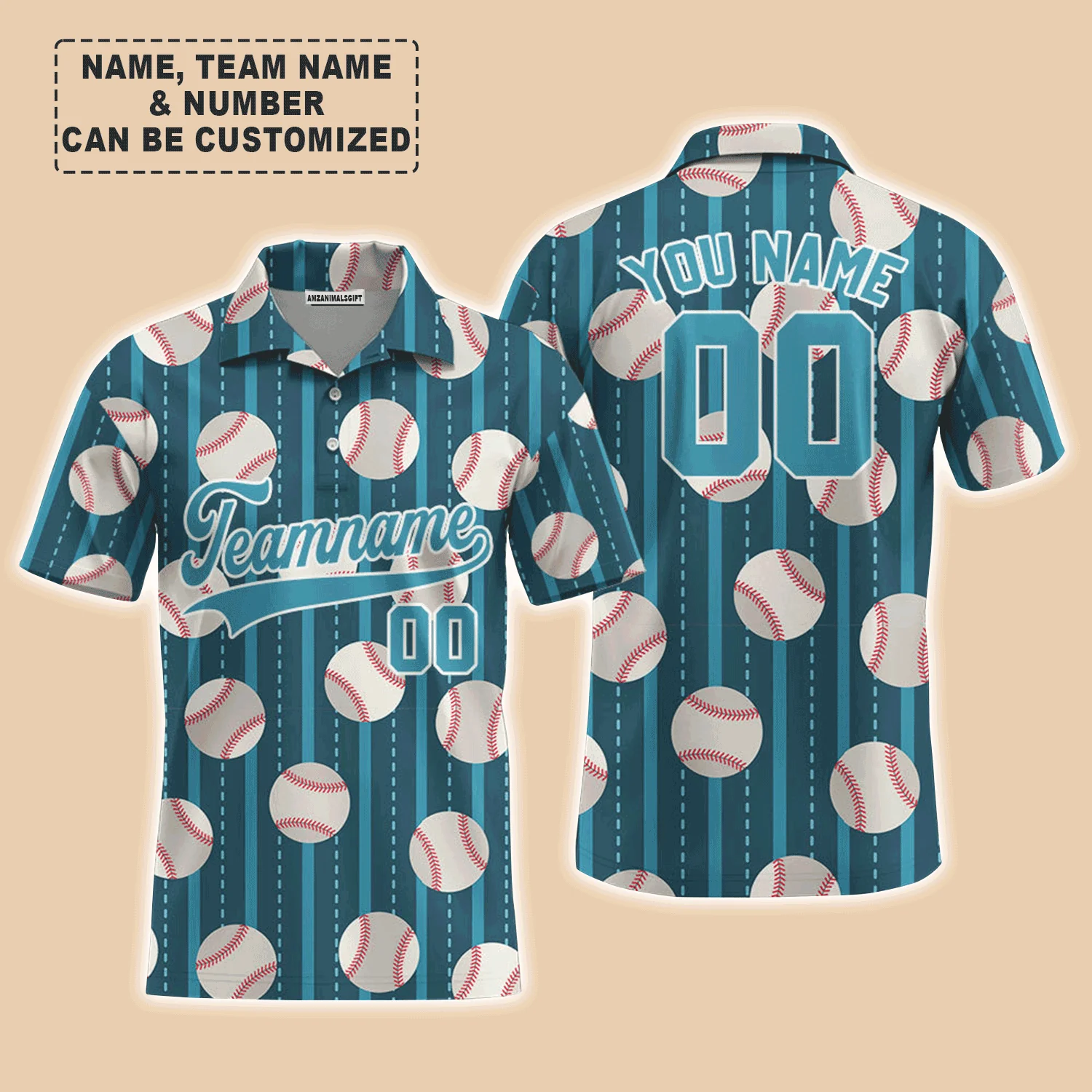 Customized Baseball Men Polo Shirt, Teal Baseball Striped Pattern Custom Polo Shirt - Perfect Polo Shirt For Men, Baseball Lovers - Image 3