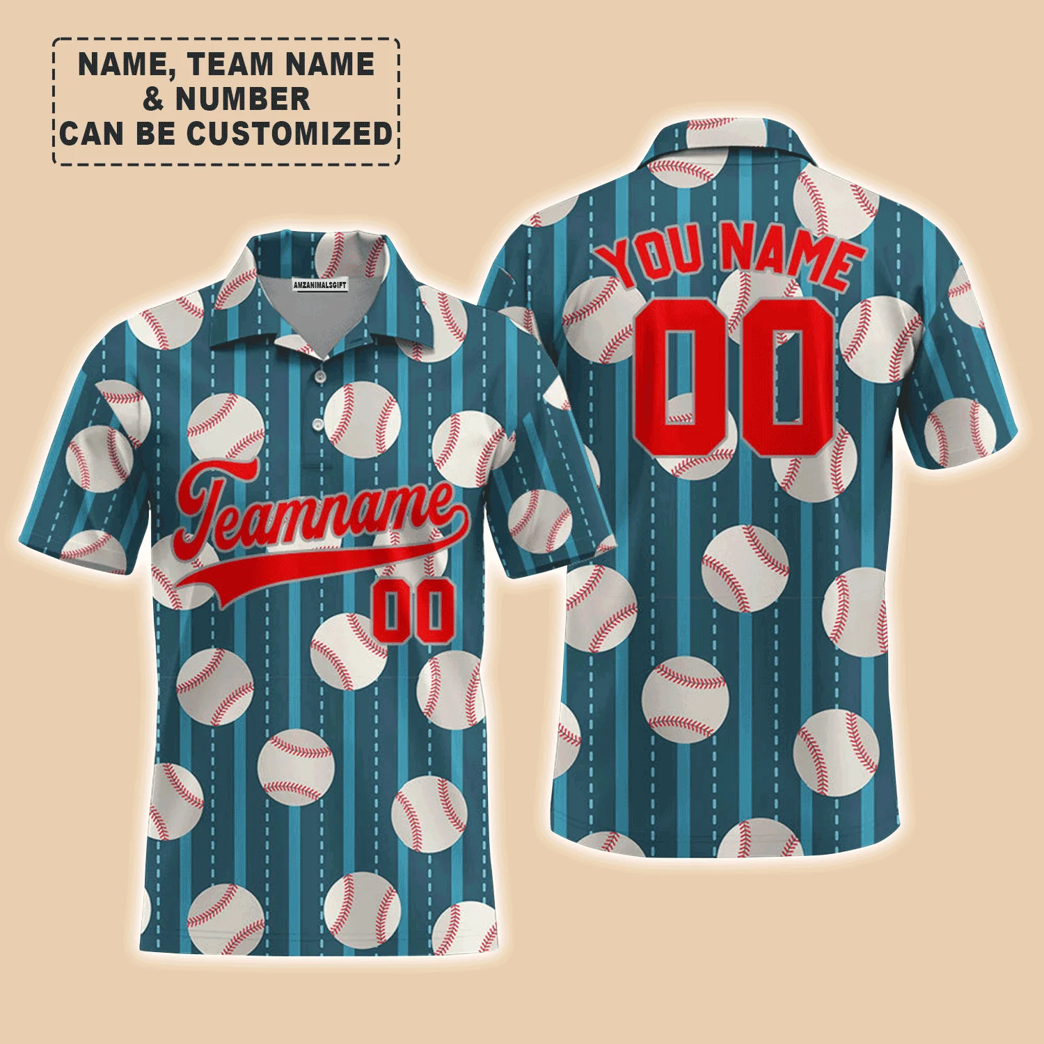 Customized Baseball Men Polo Shirt, Teal Baseball Striped Pattern Custom Polo Shirt - Perfect Polo Shirt For Men, Baseball Lovers - Image 4