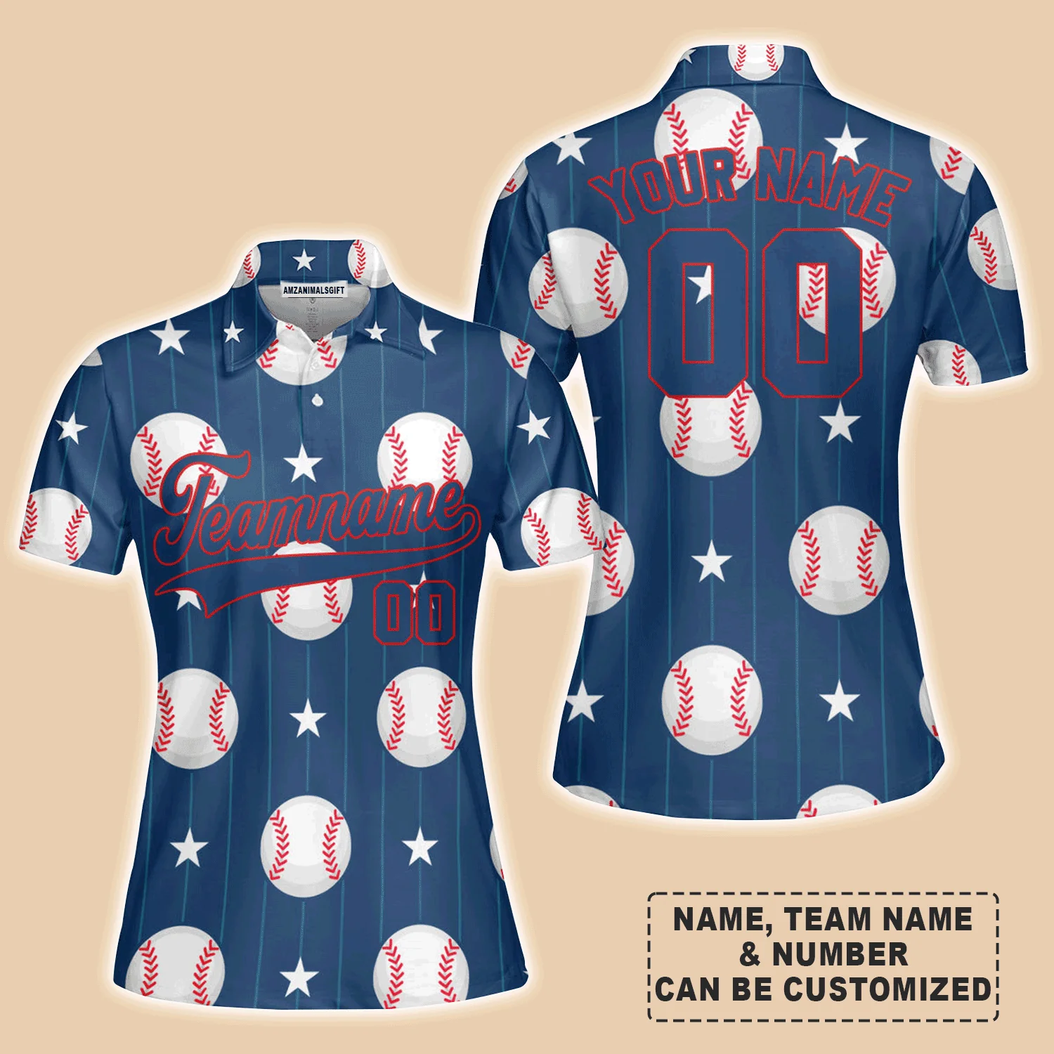 Customized Baseball Women Polo Shirt, Custom Navy Baseball Striped Pattern Custom Polo Shirt - Perfect Polo Shirt For Women, Baseball Lovers - Image 2