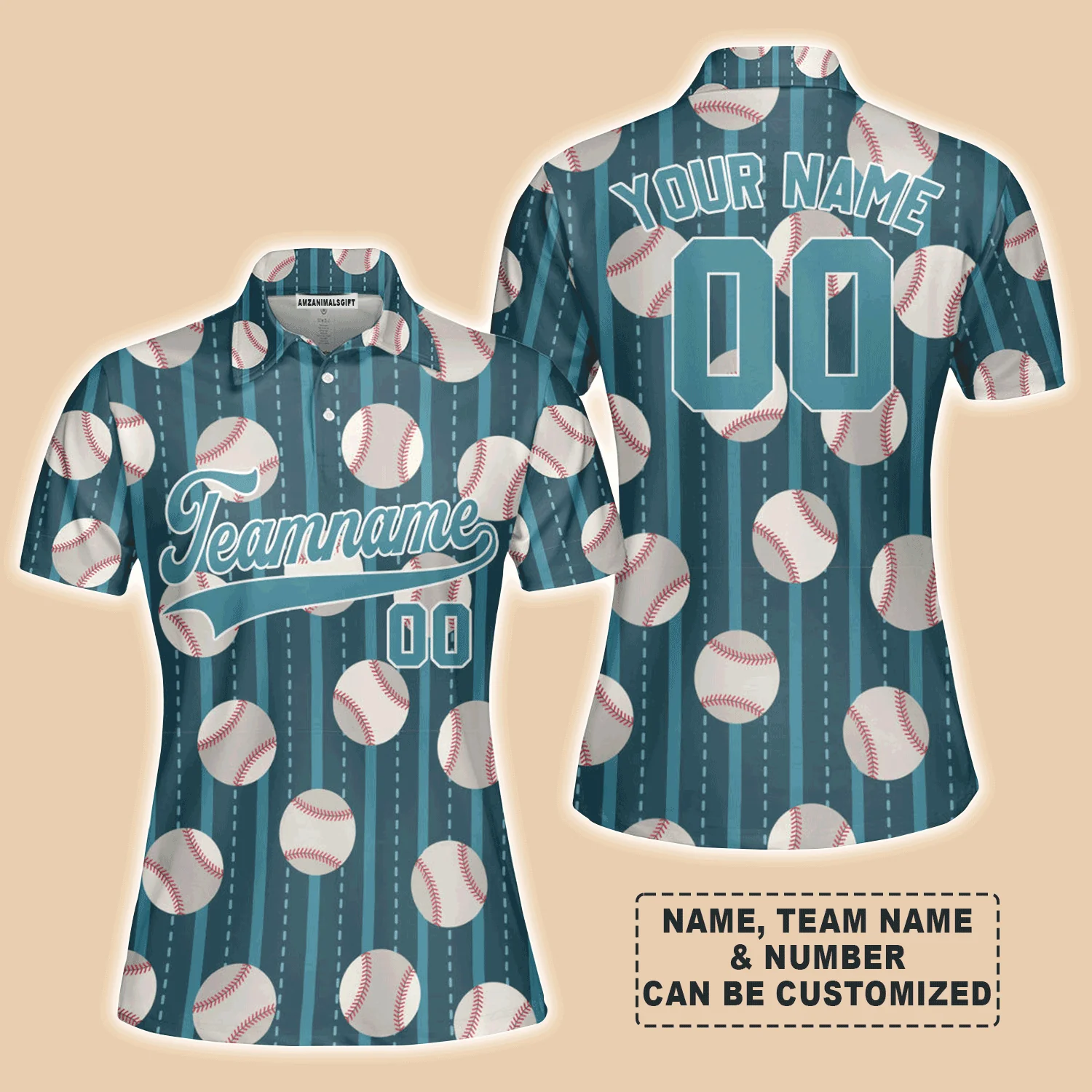 Customized Baseball Women Polo Shirt, Teal Baseball Striped Pattern Custom Polo Shirt - Perfect Polo Shirt For Women, Baseball Lovers - Image 2