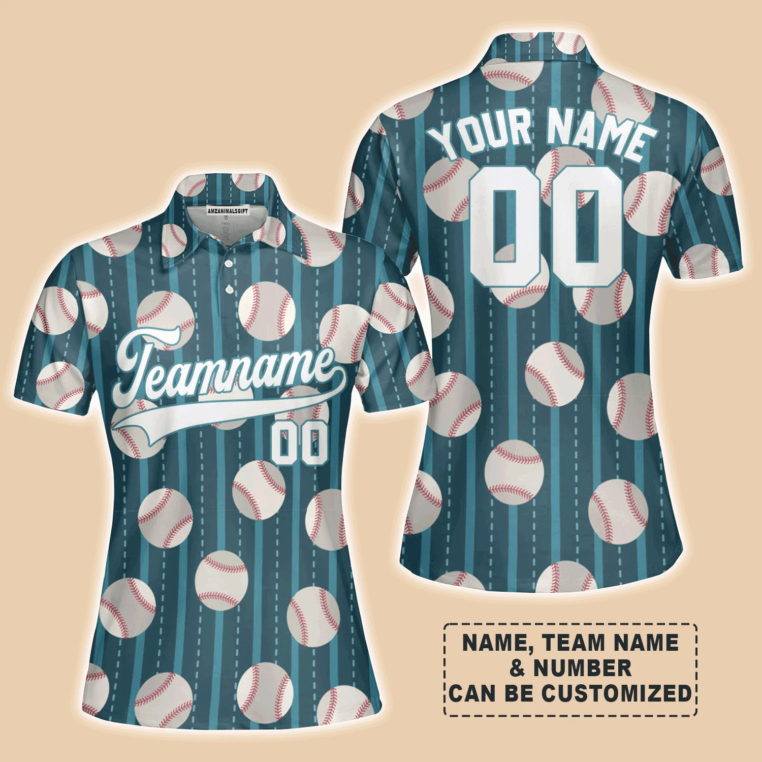 Customized Baseball Women Polo Shirt, Teal Baseball Striped Pattern Custom Polo Shirt - Perfect Polo Shirt For Women, Baseball Lovers - Image 3