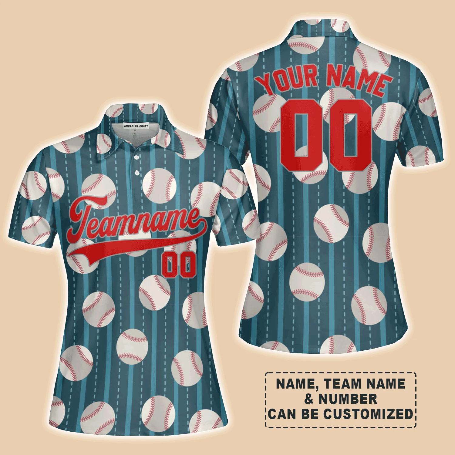 Customized Baseball Women Polo Shirt, Teal Baseball Striped Pattern Custom Polo Shirt - Perfect Polo Shirt For Women, Baseball Lovers - Image 4