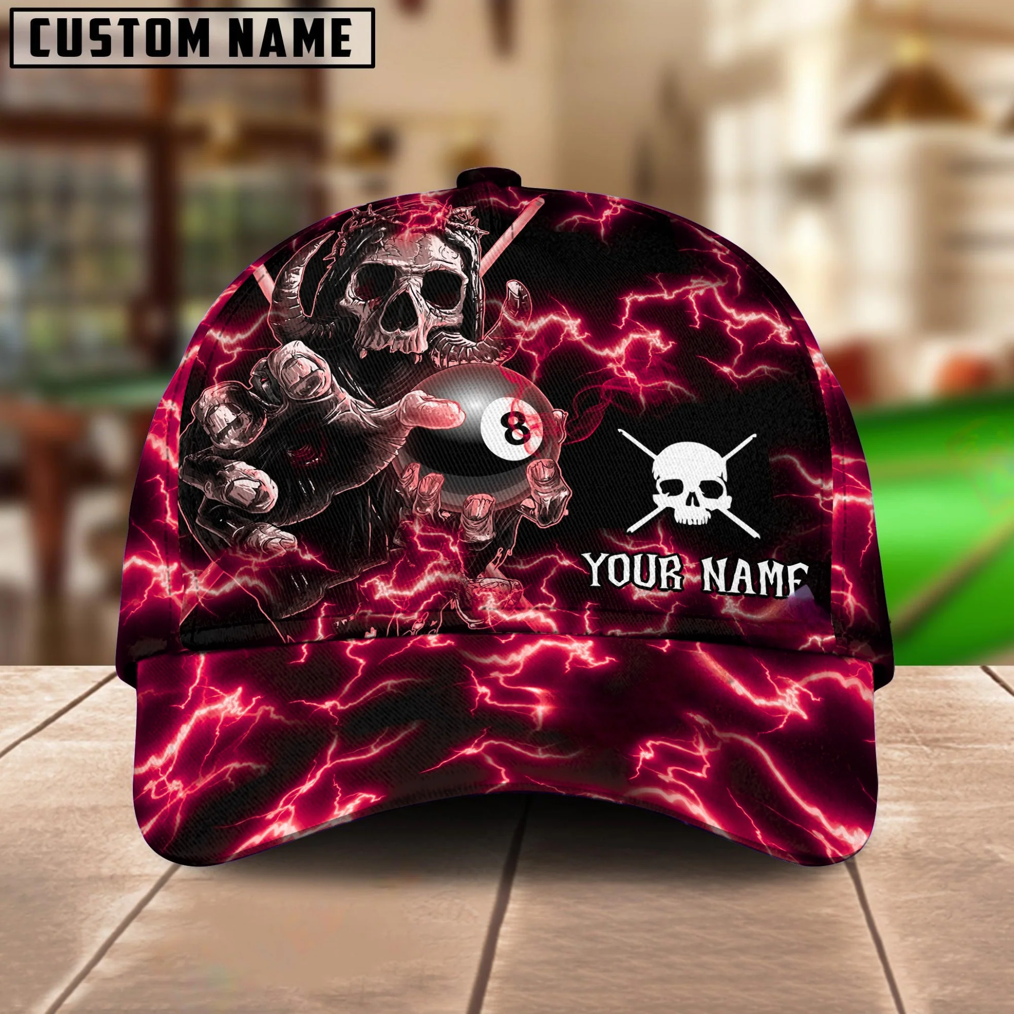 Customized Billiard Cap, Billiard Pool Ball 8 Skull Fire Personalized Name 3D Hats, Best Billiard Pool Hat For Billiard Players (4 Colors) - Image 2