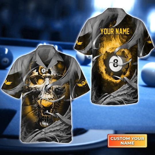 Customized Billiard Hawaiian Shirts, Billiard Pool 8 Ball Skull Reaper Yellow Fire On Metal Pattern Personalized Aloha Shirt - Gift For Billiard Lovers
