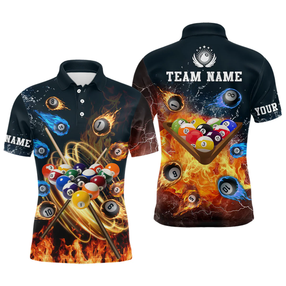 Customized Billiards Men Polo Shirt, Personalized Name Billiard Water and Fire Billiard Polo Shirt For Men, Billiards Lovers - Image 2