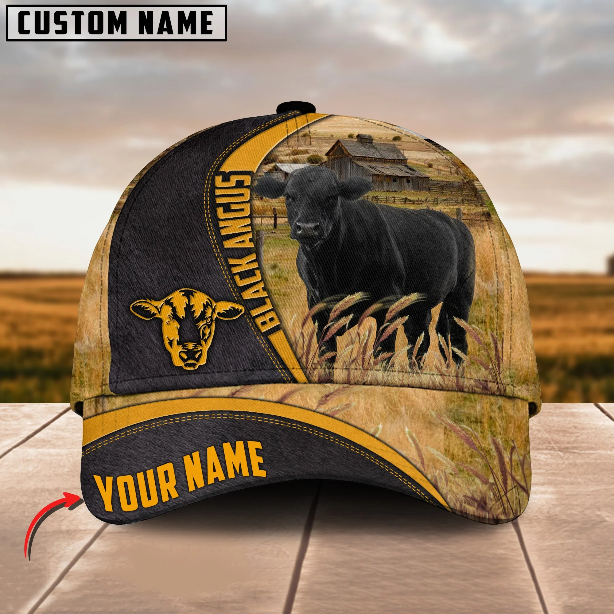 Customized Black Angus Cattle Caps, Black Angus On Farm Black Yellow Leather Pattern Hats, Best Farm Hat For Men Women