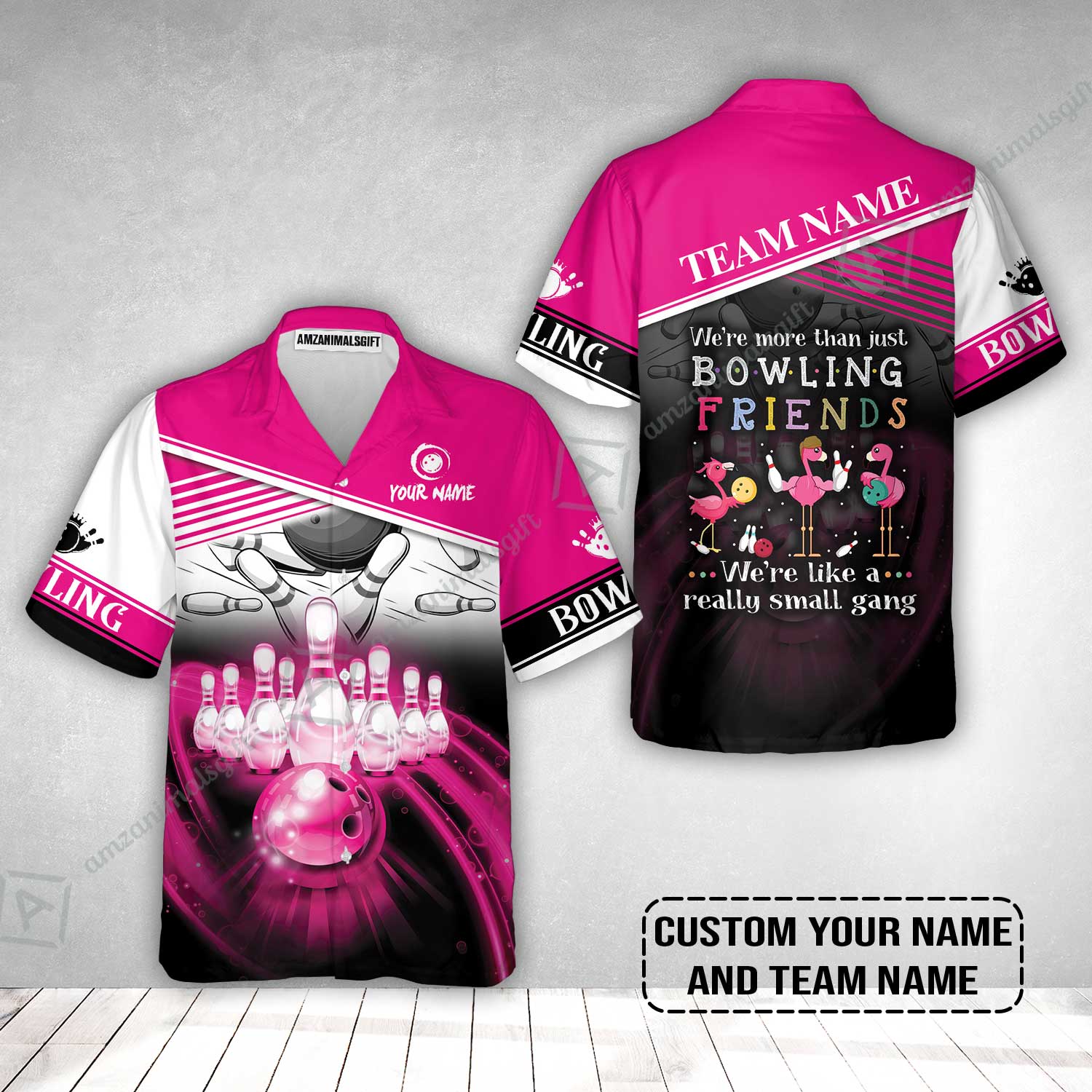 Customized Bowling Hawaiian Shirt, Flamingo Personalized Bowling Team We're Like A Really Small Gang Bowling Hawaiian Shirt - Image 2