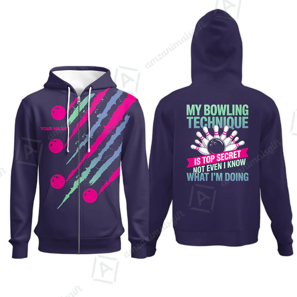 Customized Bowling Jersey, My Bowling Technique Is Top Secret - Personalized Name Stand Collar Quarter-zip Shirt - Image 15