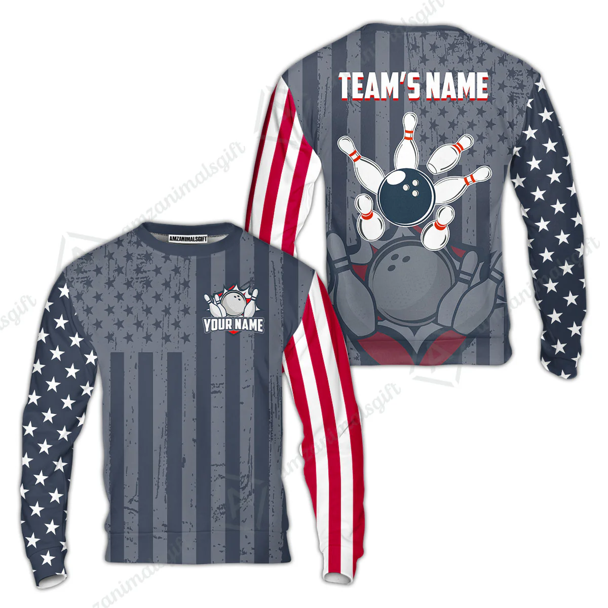 Customized Bowling Jersey Quarter-Zip Stand Collar Shirt, Bowling USA Flag Pattern Team Shirt For Men Women Bowlers - Image 12