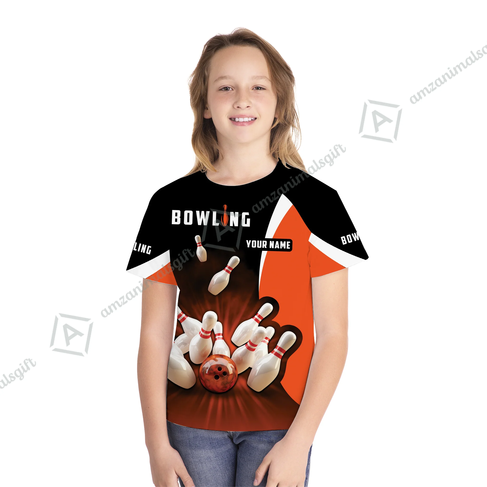 Customized Bowling Kid Youth T-Shirt, Ten Pin Strike Bowling Personalized Orange Black Children's Shirt For Son, Daughter, Family - Image 3