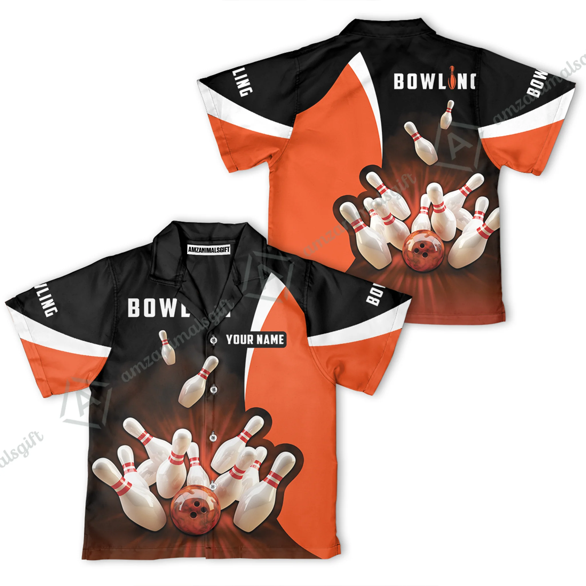 Customized Bowling Kid Youth T-Shirt, Ten Pin Strike Bowling Personalized Orange Black Children's Shirt For Son, Daughter, Family - Image 4
