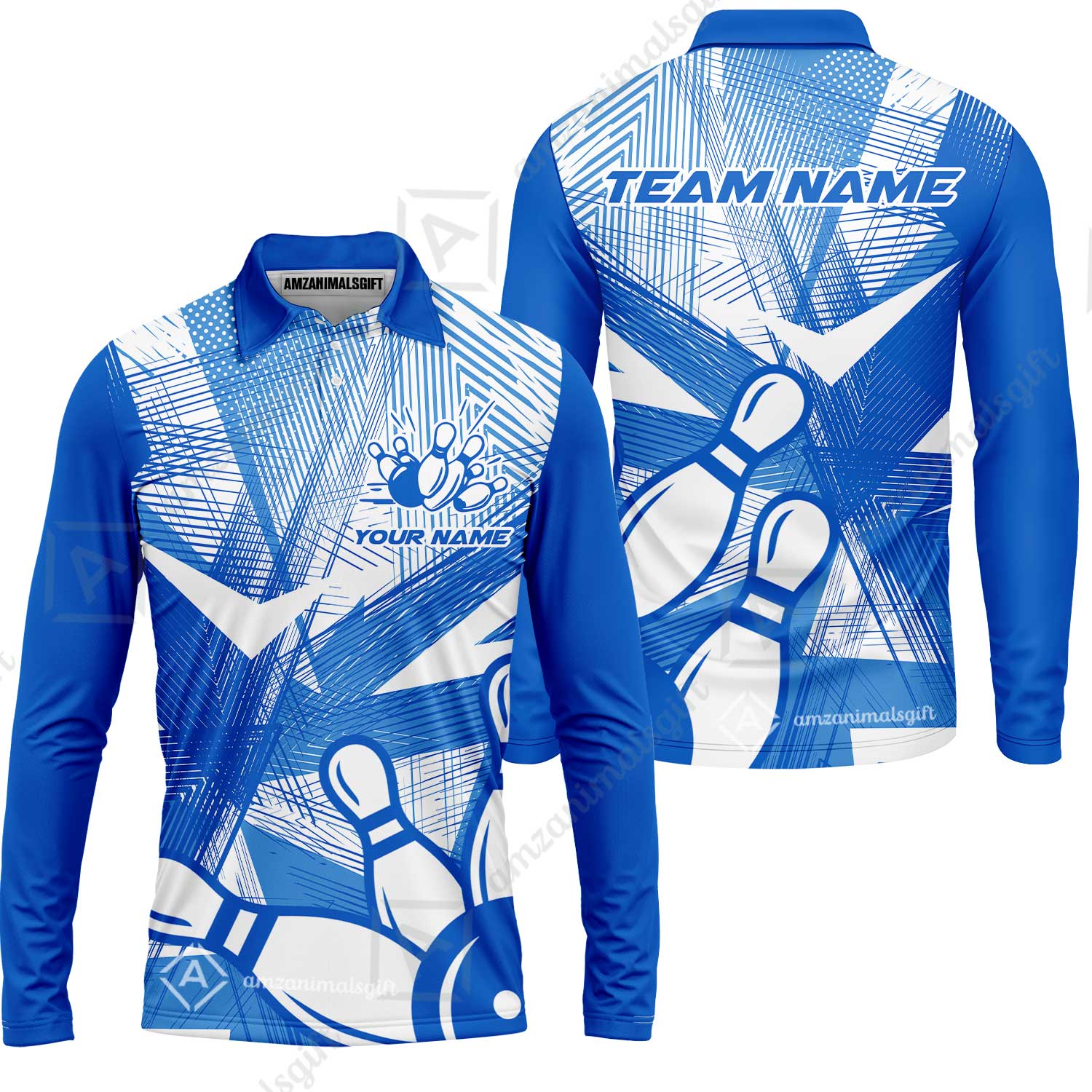 Customized Bowling Long Sleeve Polo Shirt, Bowling Ball And Pins Esports Pattern Long Sleeve Polo Shirt Uniform For Bowlers - Image 2