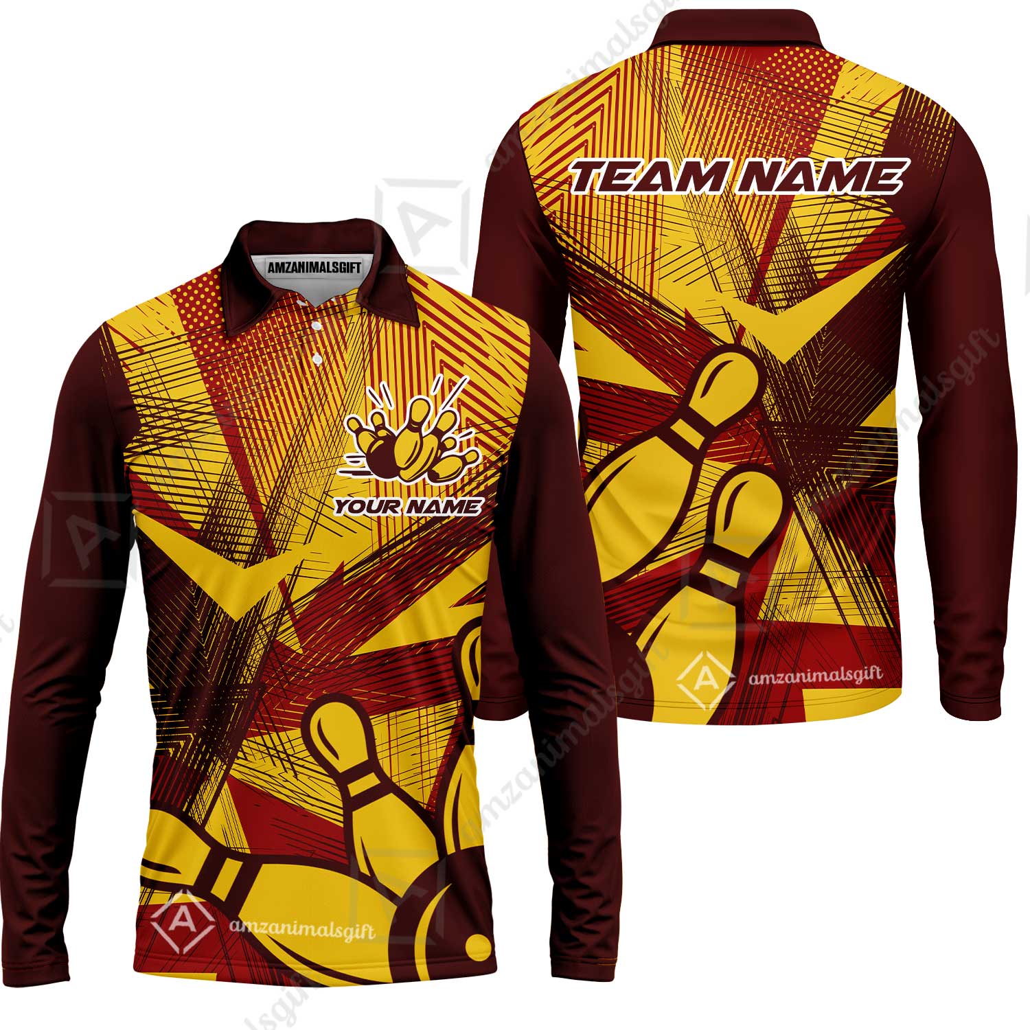 Customized Bowling Long Sleeve Polo Shirt, Bowling Ball And Pins Esports Pattern Long Sleeve Polo Shirt Uniform For Bowlers - Image 3