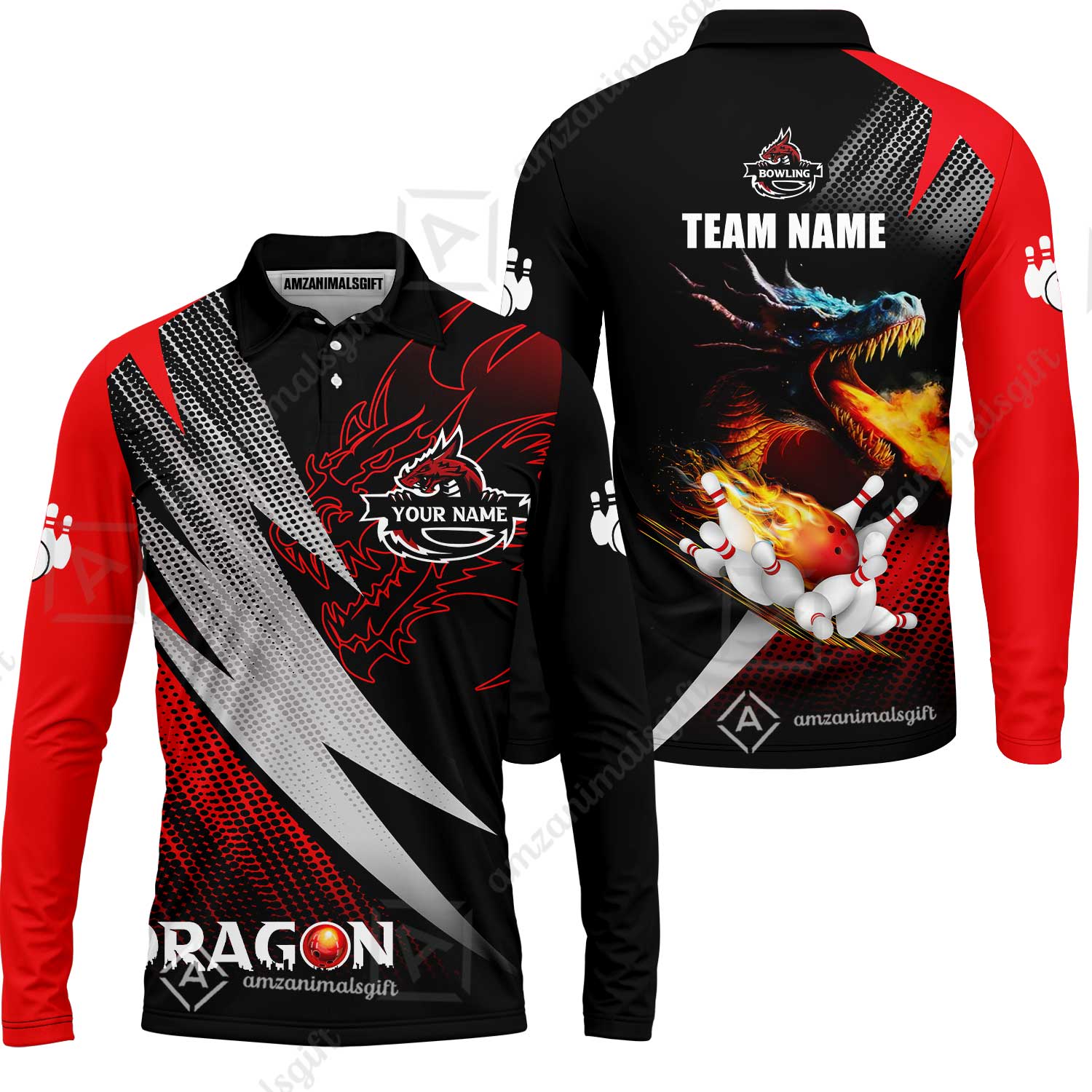 Customized Bowling Jersey Shirt, Personalized Name Dragon Team Red Bowling Ball On Fire Polo Shirt For Men - Perfect Gift For Bowling Lovers - Image 12