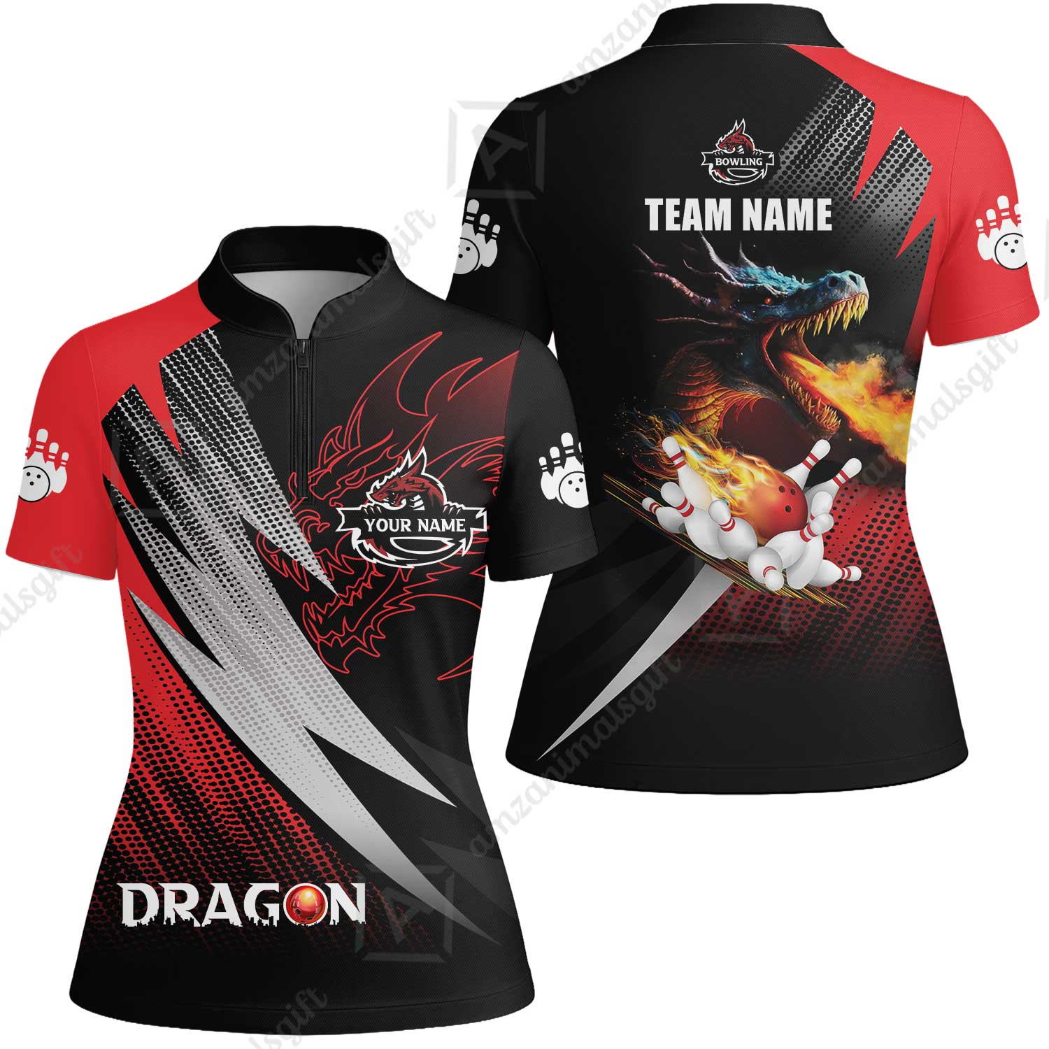 Customized Bowling Jersey Shirt, Personalized Name Dragon Team Red Bowling Ball On Fire Polo Shirt For Men - Perfect Gift For Bowling Lovers - Image 16