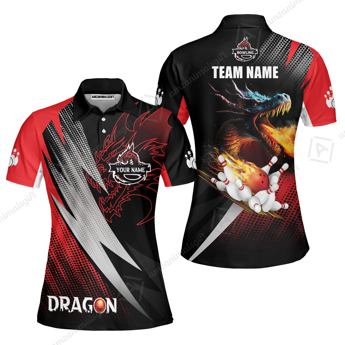 Customized Bowling Jersey Shirt, Personalized Name Dragon Team Red Bowling Ball On Fire Polo Shirt For Men - Perfect Gift For Bowling Lovers - Image 4