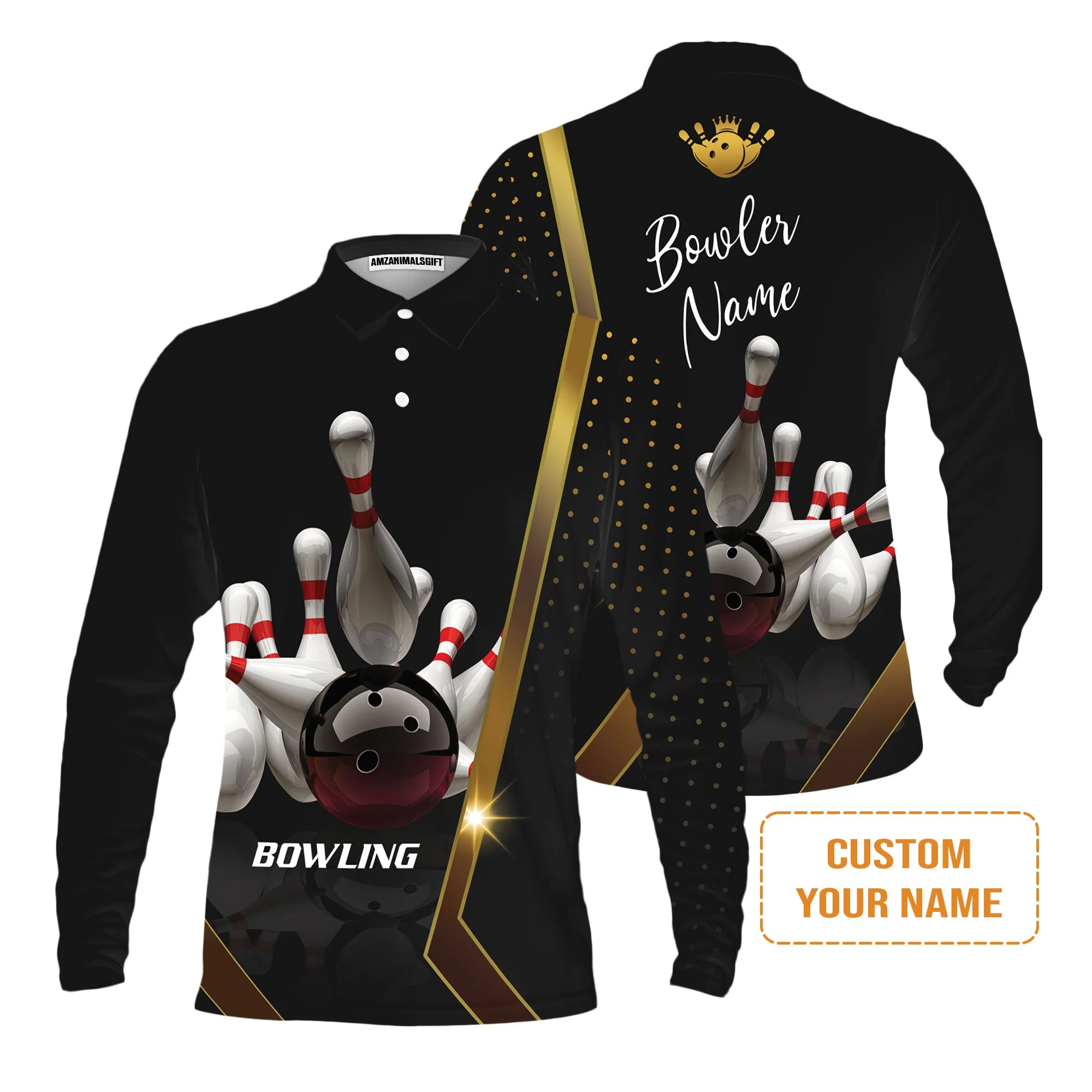 Customized Bowling Men's Long Sleeve Polo Shirt, Black And Golden Pattern Personalized Bowling Long Sleeve Polo Shirt - Image 2