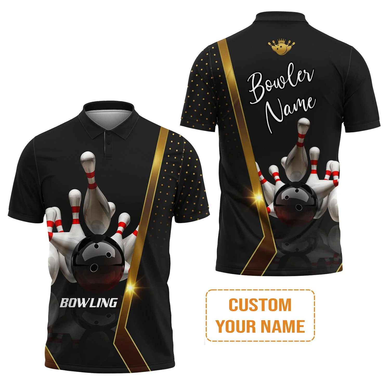 Customized Bowling Men's Long Sleeve Polo Shirt, Black And Golden Pattern Personalized Bowling Long Sleeve Polo Shirt - Image 3