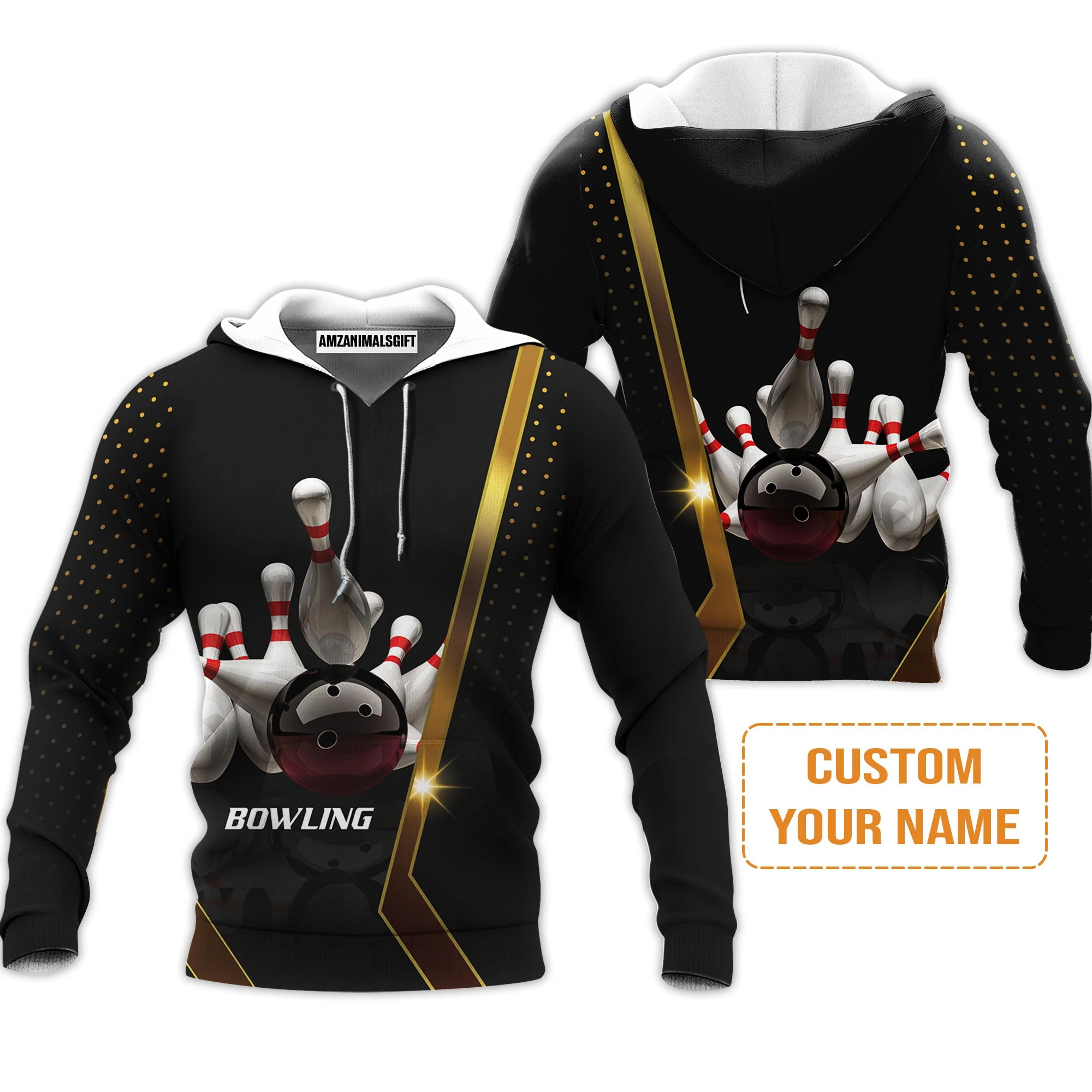 Customized Bowling Men's Long Sleeve Polo Shirt, Black And Golden Pattern Personalized Bowling Long Sleeve Polo Shirt - Image 5