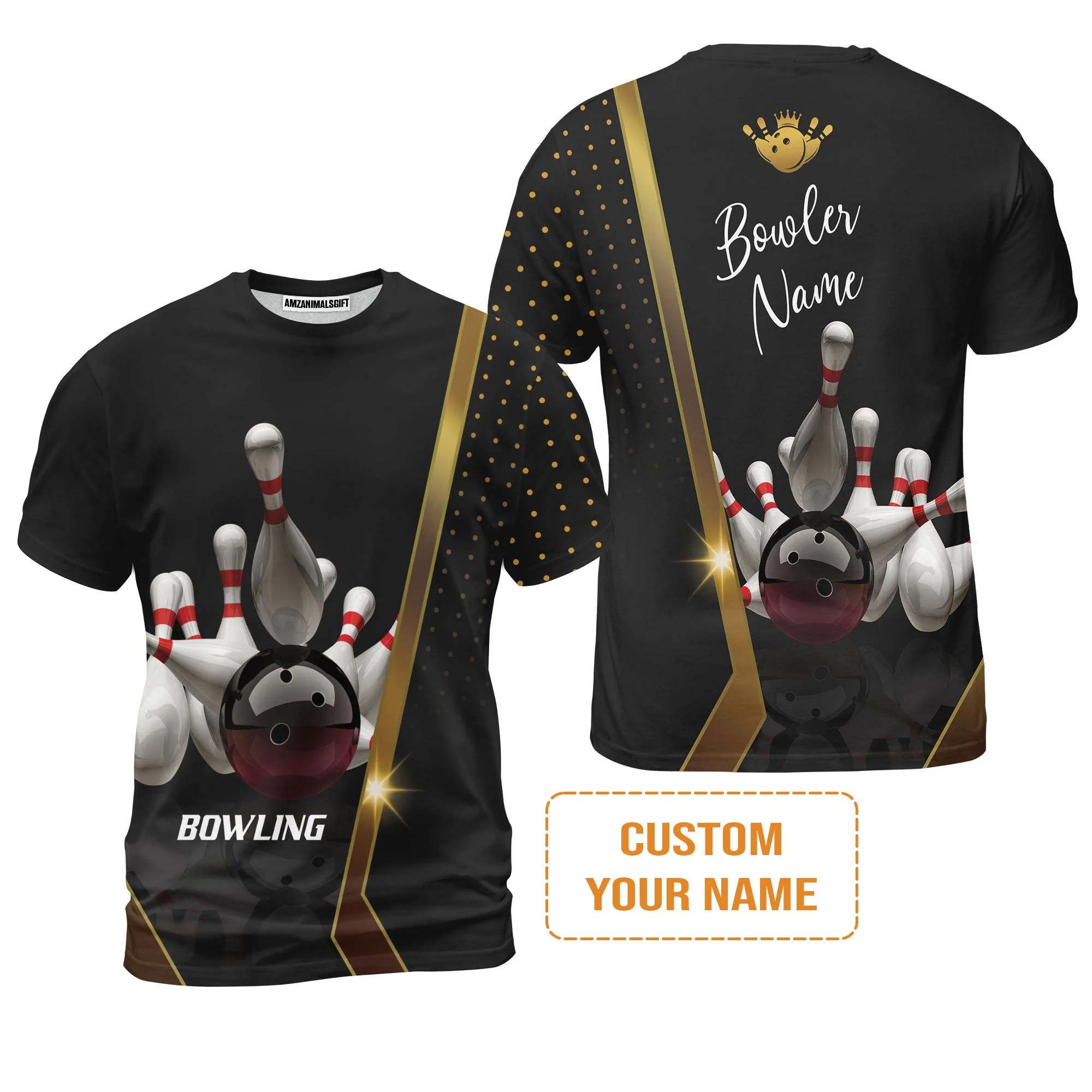 Customized Bowling Men's Long Sleeve Polo Shirt, Black And Golden Pattern Personalized Bowling Long Sleeve Polo Shirt - Image 7