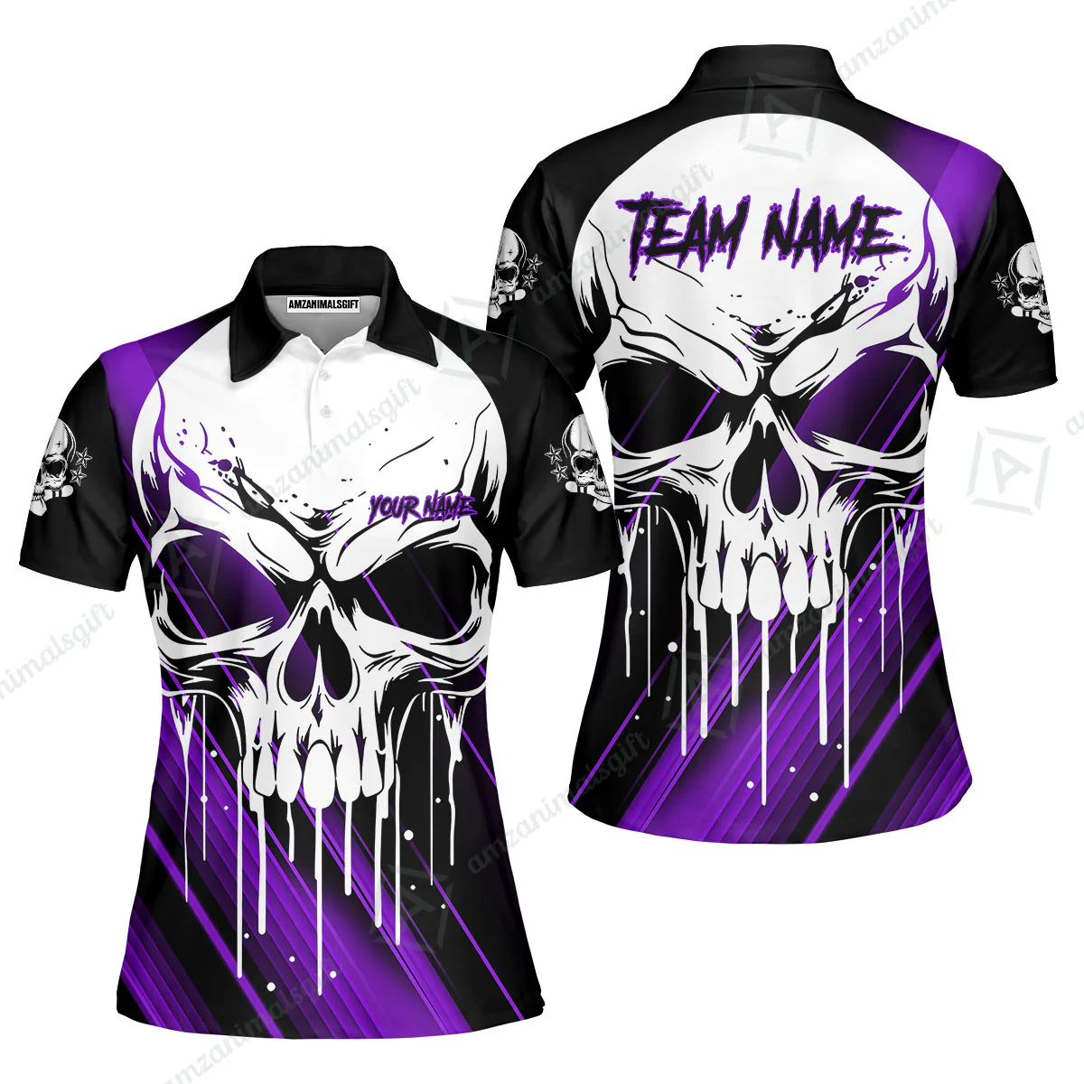 Customized Bowling Polo, Blue Skull Bowling Creepy Style Bowling jerseys Custom Name And Team Shirt - Image 11