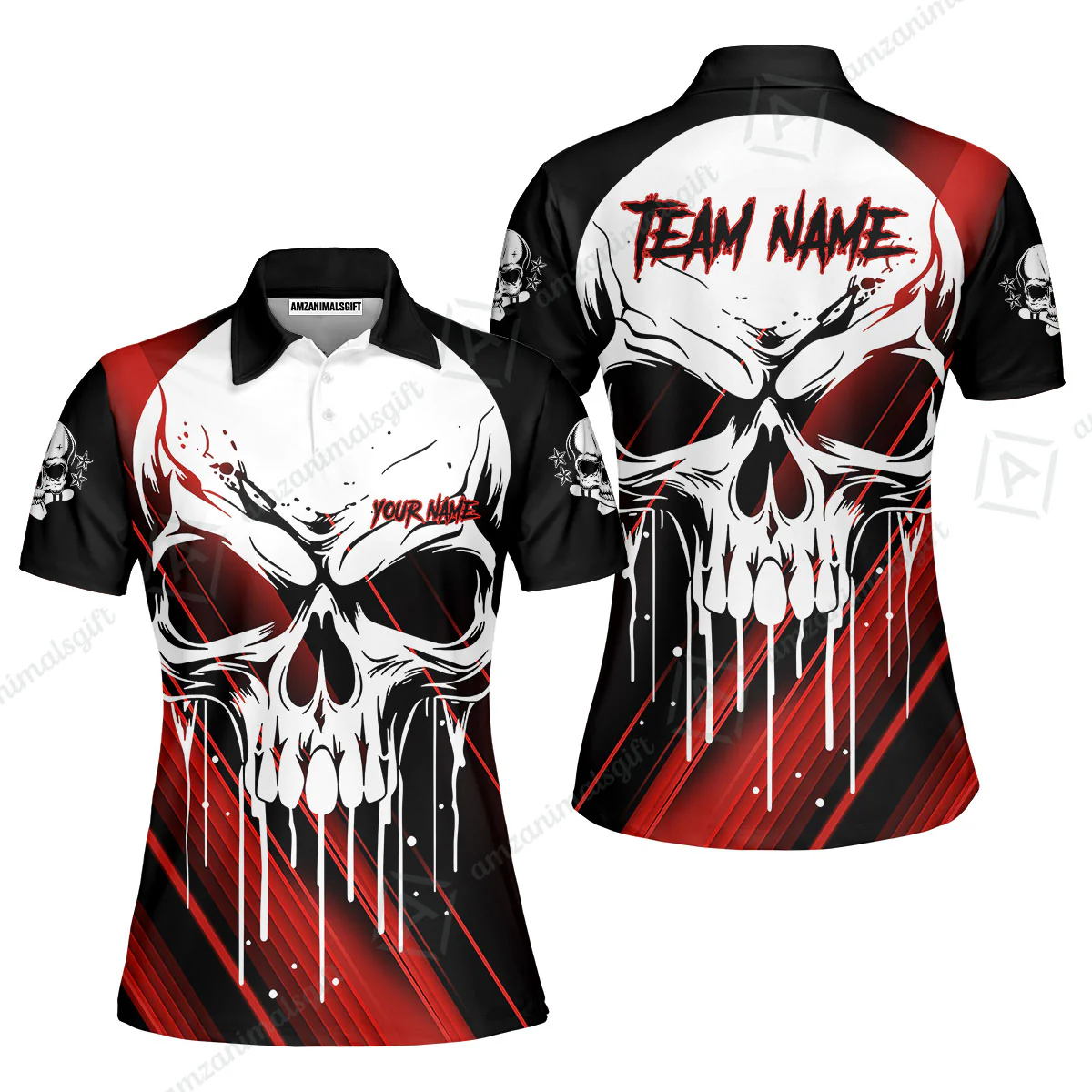 Customized Bowling Polo, Blue Skull Bowling Creepy Style Bowling jerseys Custom Name And Team Shirt - Image 16