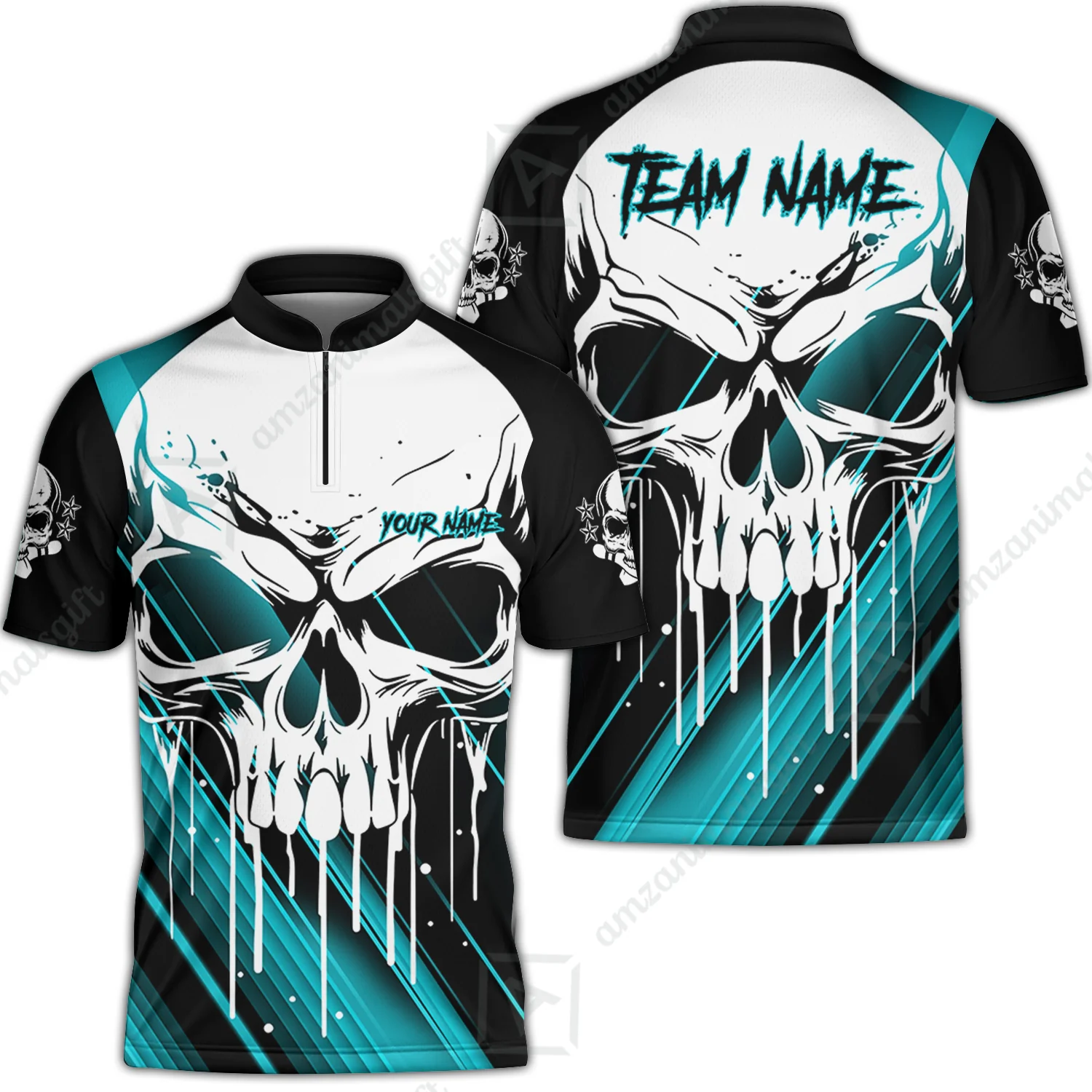 Customized Bowling Polo, Blue Skull Bowling Creepy Style Bowling jerseys Custom Name And Team Shirt - Image 17