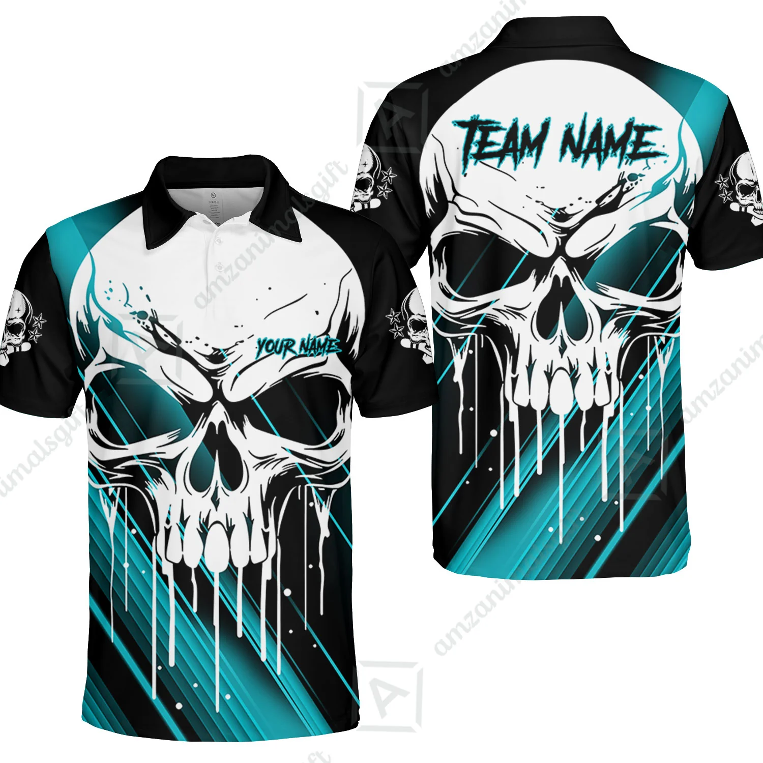 Customized Bowling Polo, Blue Skull Bowling Creepy Style Bowling jerseys Custom Name And Team Shirt - Image 19