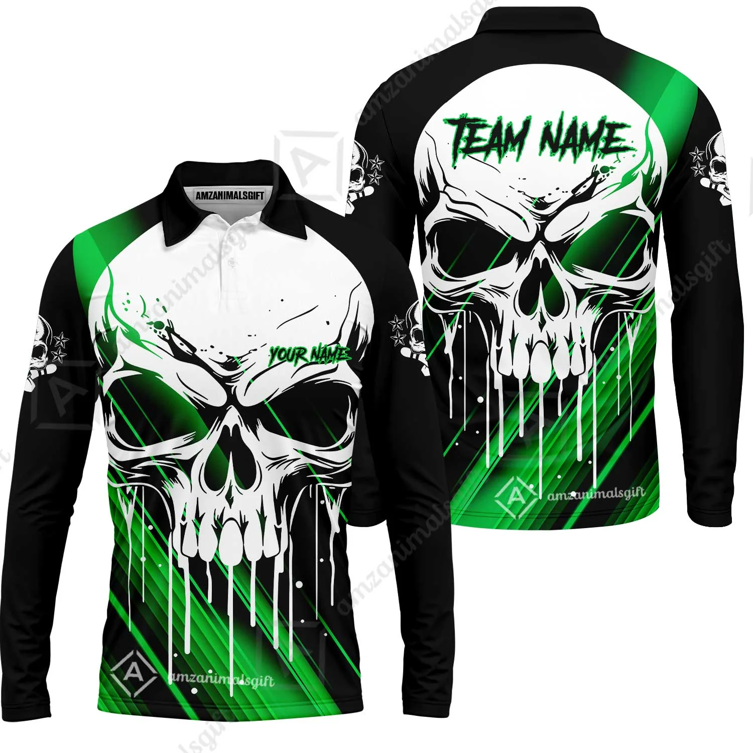 Customized Bowling Polo, Blue Skull Bowling Creepy Style Bowling jerseys Custom Name And Team Shirt - Image 47