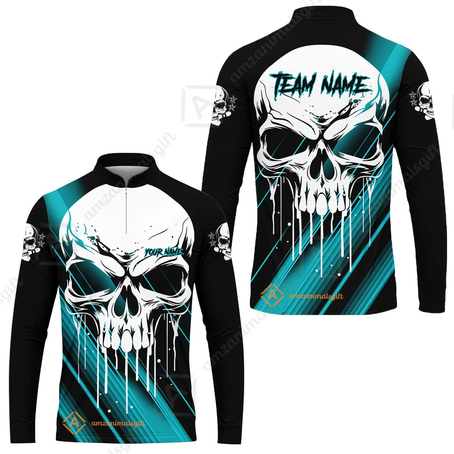 Customized Bowling Polo, Blue Skull Bowling Creepy Style Bowling jerseys Custom Name And Team Shirt - Image 52