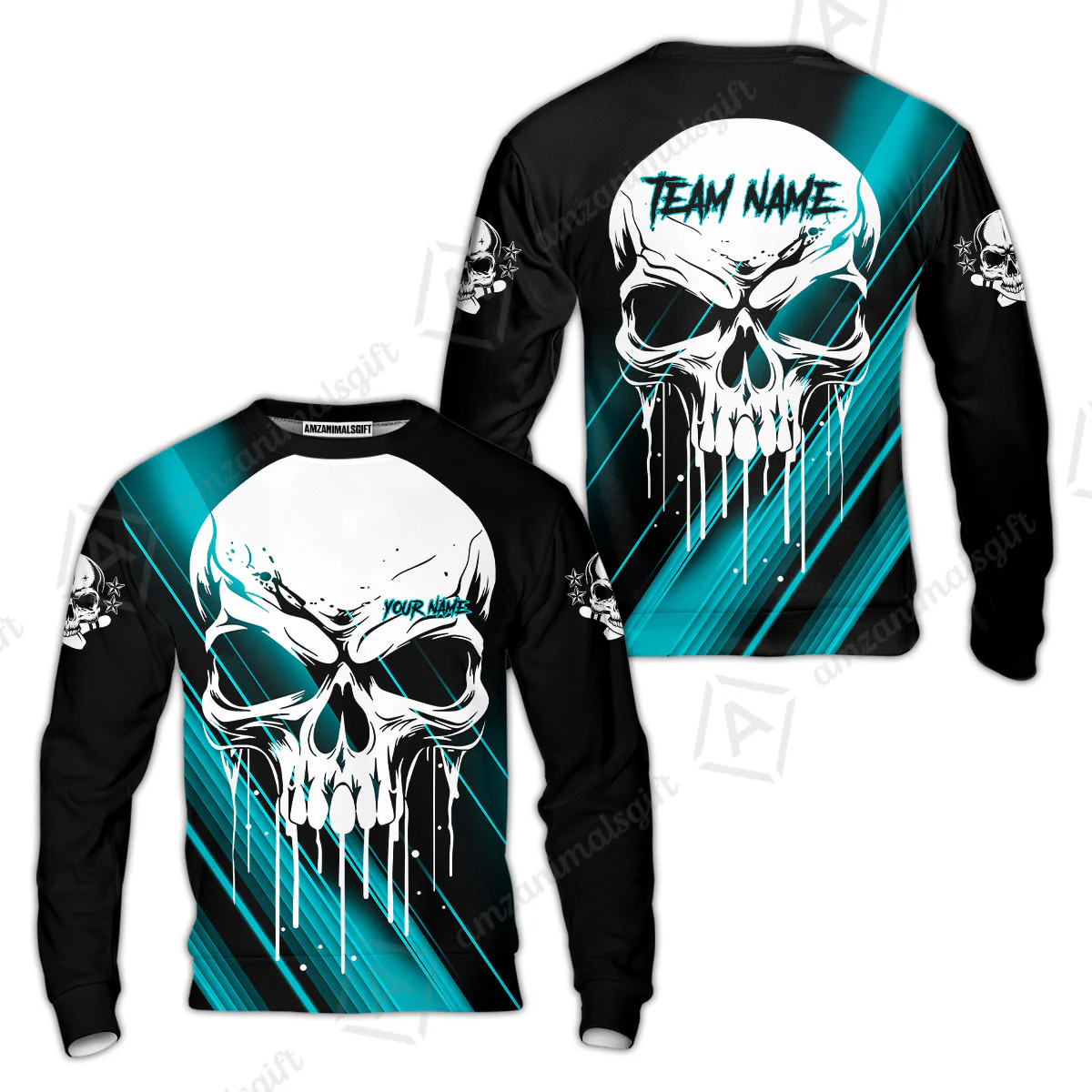 Customized Bowling Polo, Blue Skull Bowling Creepy Style Bowling jerseys Custom Name And Team Shirt - Image 58