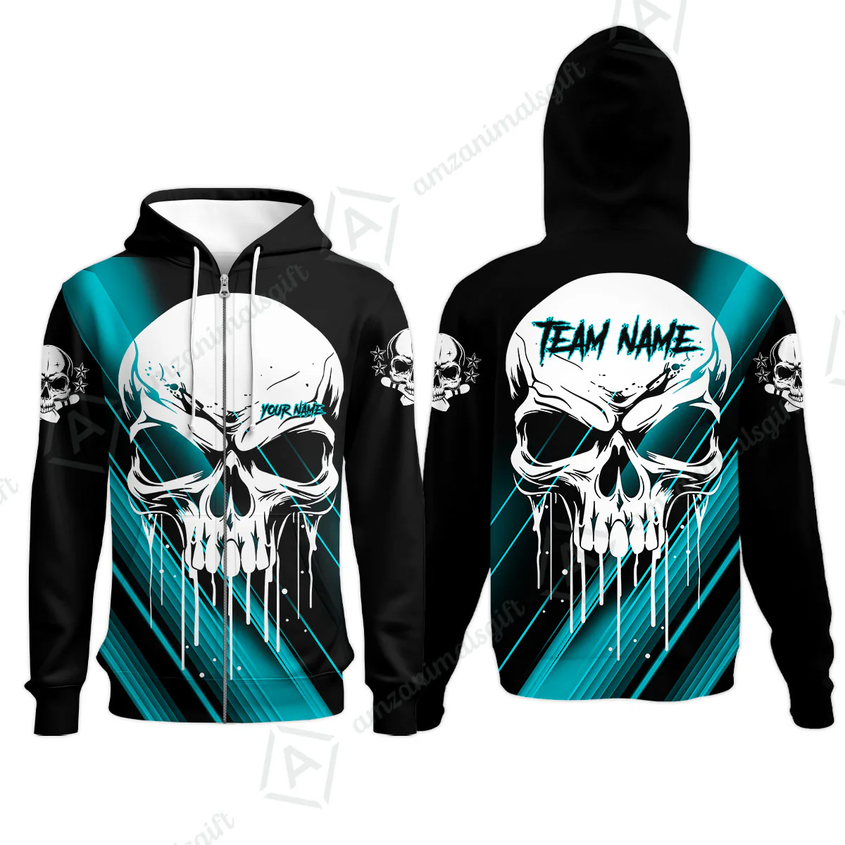 Customized Bowling Polo, Blue Skull Bowling Creepy Style Bowling jerseys Custom Name And Team Shirt - Image 70