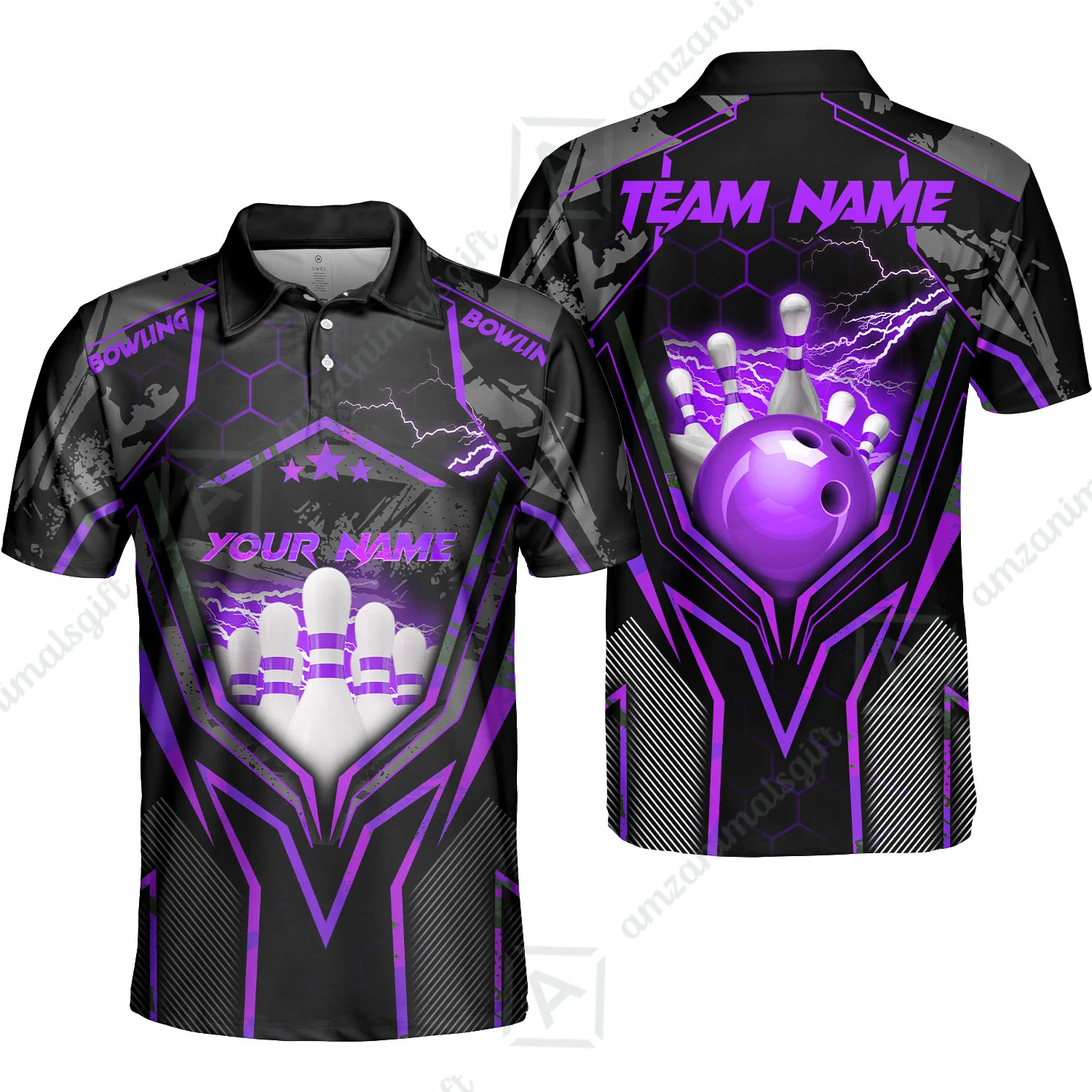 Customized Bowling Jersey, Bowling And Pins Abstract Grunge Texture X Multicolor Option Customized Name And Team Name Zipper Polo Jerseys Shirts - Image 11