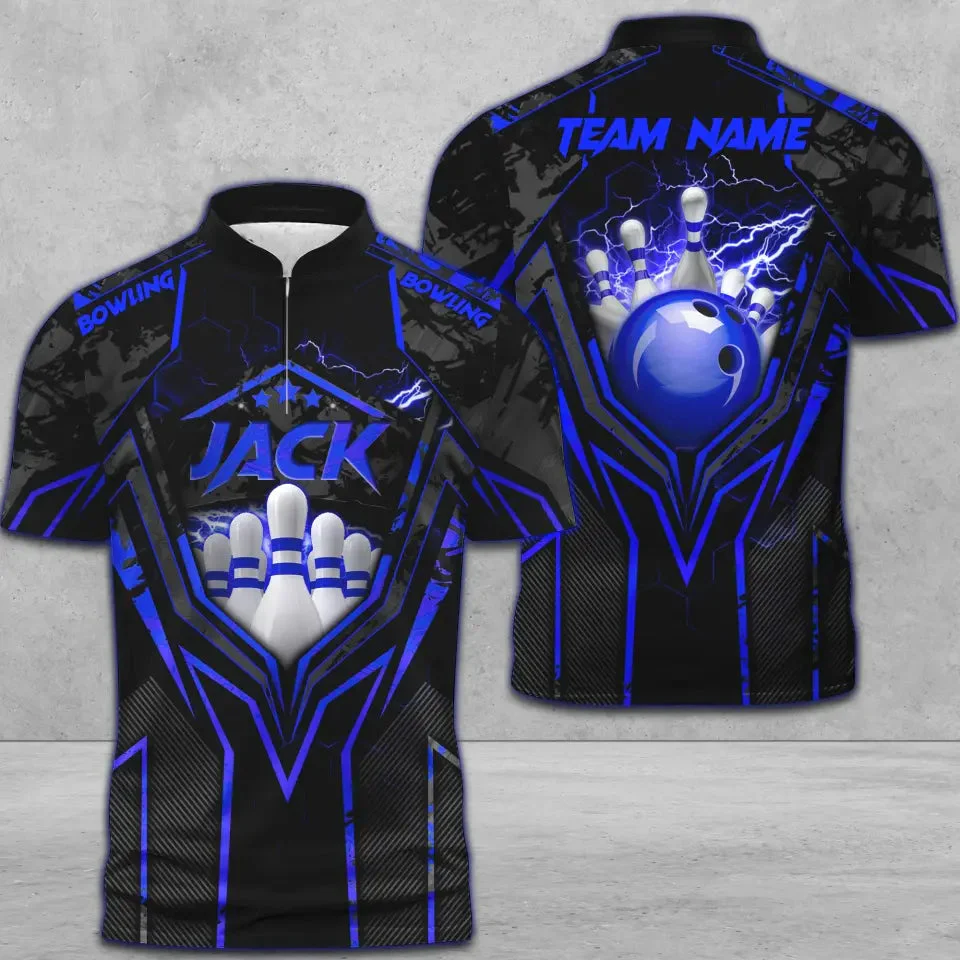 Customized Bowling Jersey, Bowling And Pins Abstract Grunge Texture X Multicolor Option Customized Name And Team Name Zipper Polo Jerseys Shirts - Image 3