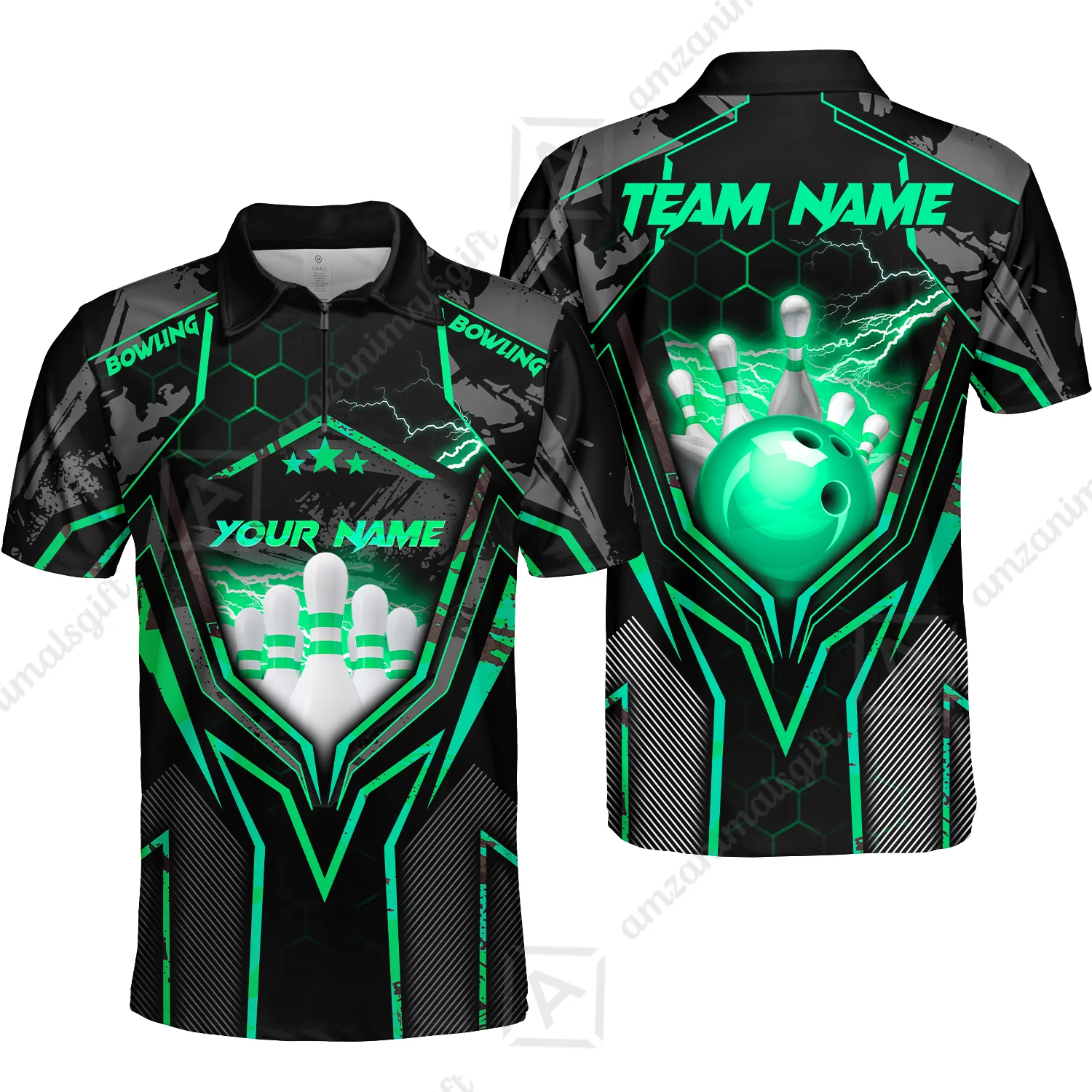 Customized Bowling Jersey, Bowling And Pins Abstract Grunge Texture X Multicolor Option Customized Name And Team Name Zipper Polo Jerseys Shirts - Image 56
