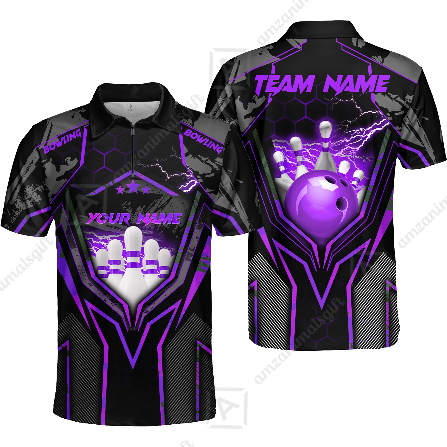 Customized Bowling Jersey, Bowling And Pins Abstract Grunge Texture X Multicolor Option Customized Name And Team Name Zipper Polo Jerseys Shirts - Image 58