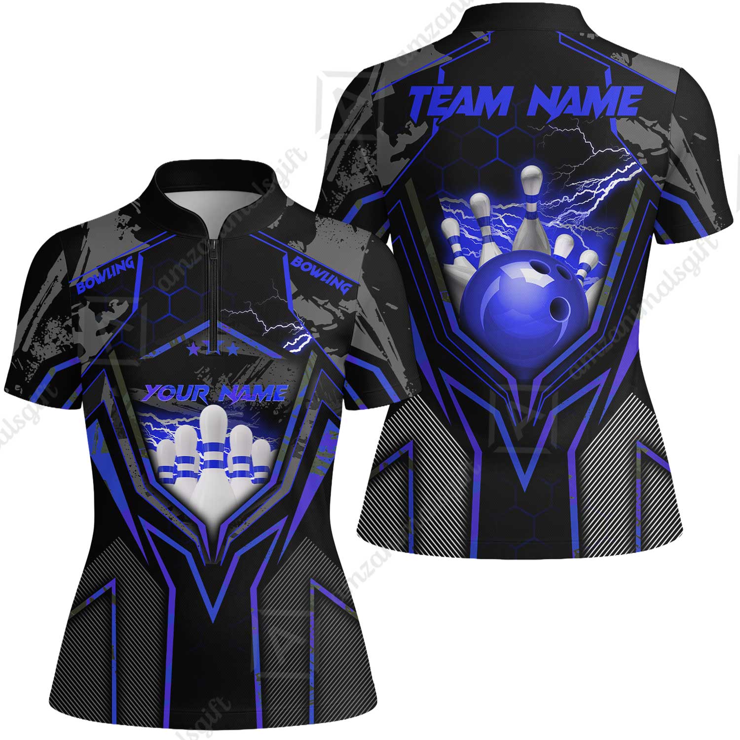 Customized Bowling Jersey, Bowling And Pins Abstract Grunge Texture X Multicolor Option Customized Name And Team Name Zipper Polo Jerseys Shirts - Image 69