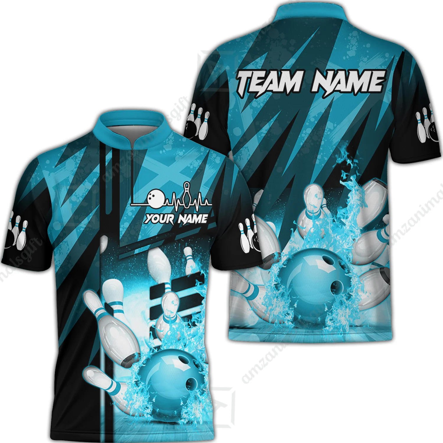 Customized Bowling Jersey Shirt, Bowling And Pins Abstract Grunge Texture XX Multicolor Option Customized Name And Team Zipper Polo Jerseys Shirts - Image 2