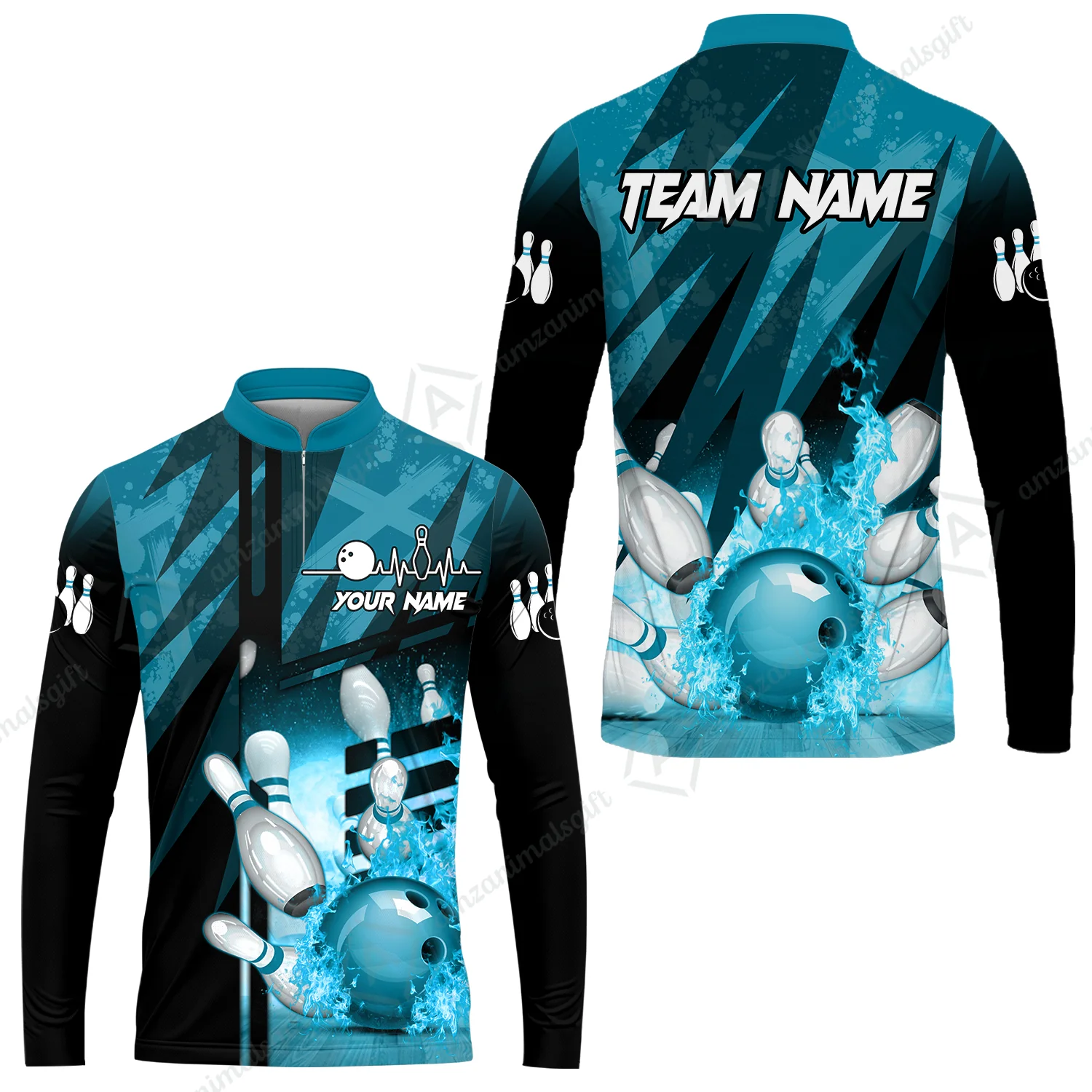 Customized Bowling Jersey Shirt, Bowling And Pins Abstract Grunge Texture XX Multicolor Option Customized Name And Team Zipper Polo Jerseys Shirts - Image 44