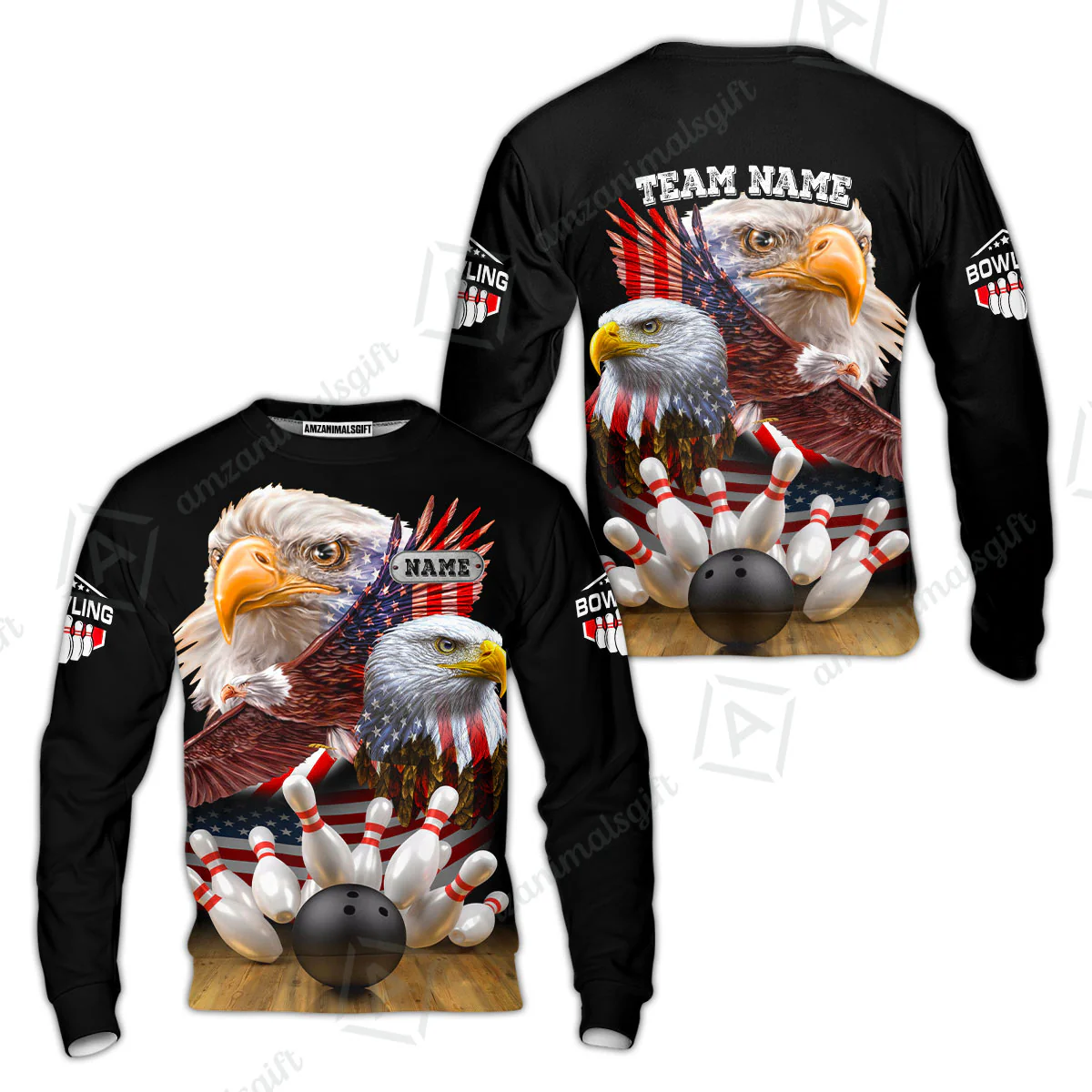 Customized Bowling Polo, Bowling And Pins American Eagles Pride Customized Name And Team Name And Team Zipper Polo Jerseys Shirts - Image 13