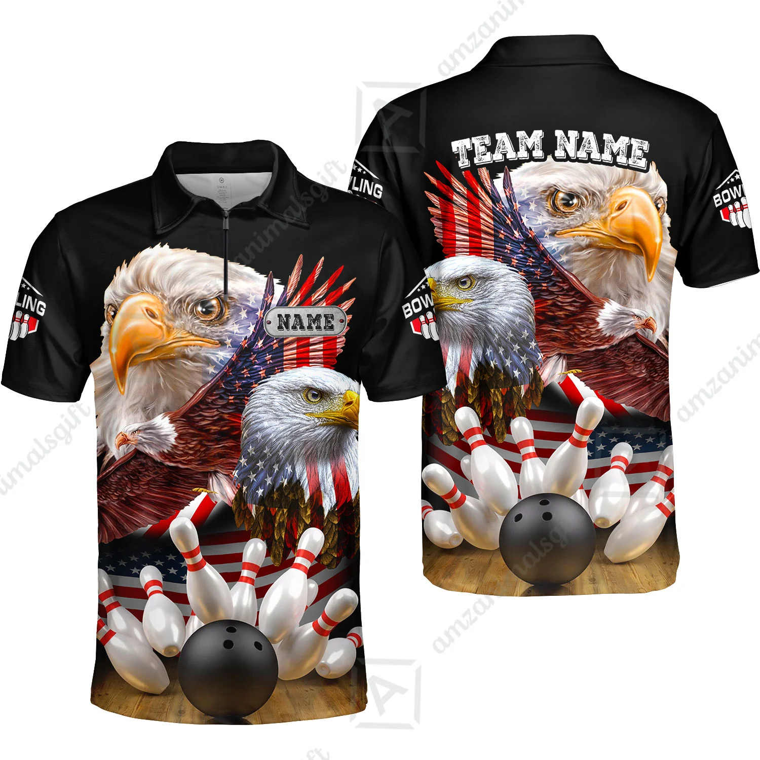 Customized Bowling Polo, Bowling And Pins American Eagles Pride Customized Name And Team Name And Team Zipper Polo Jerseys Shirts - Image 3