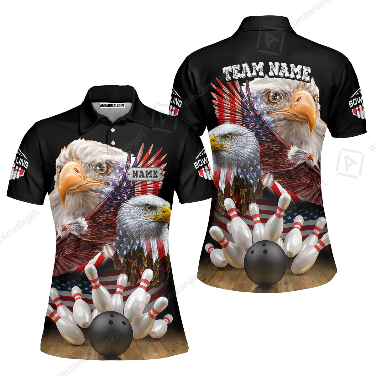 Customized Bowling Polo, Bowling And Pins American Eagles Pride Customized Name And Team Name And Team Zipper Polo Jerseys Shirts - Image 4