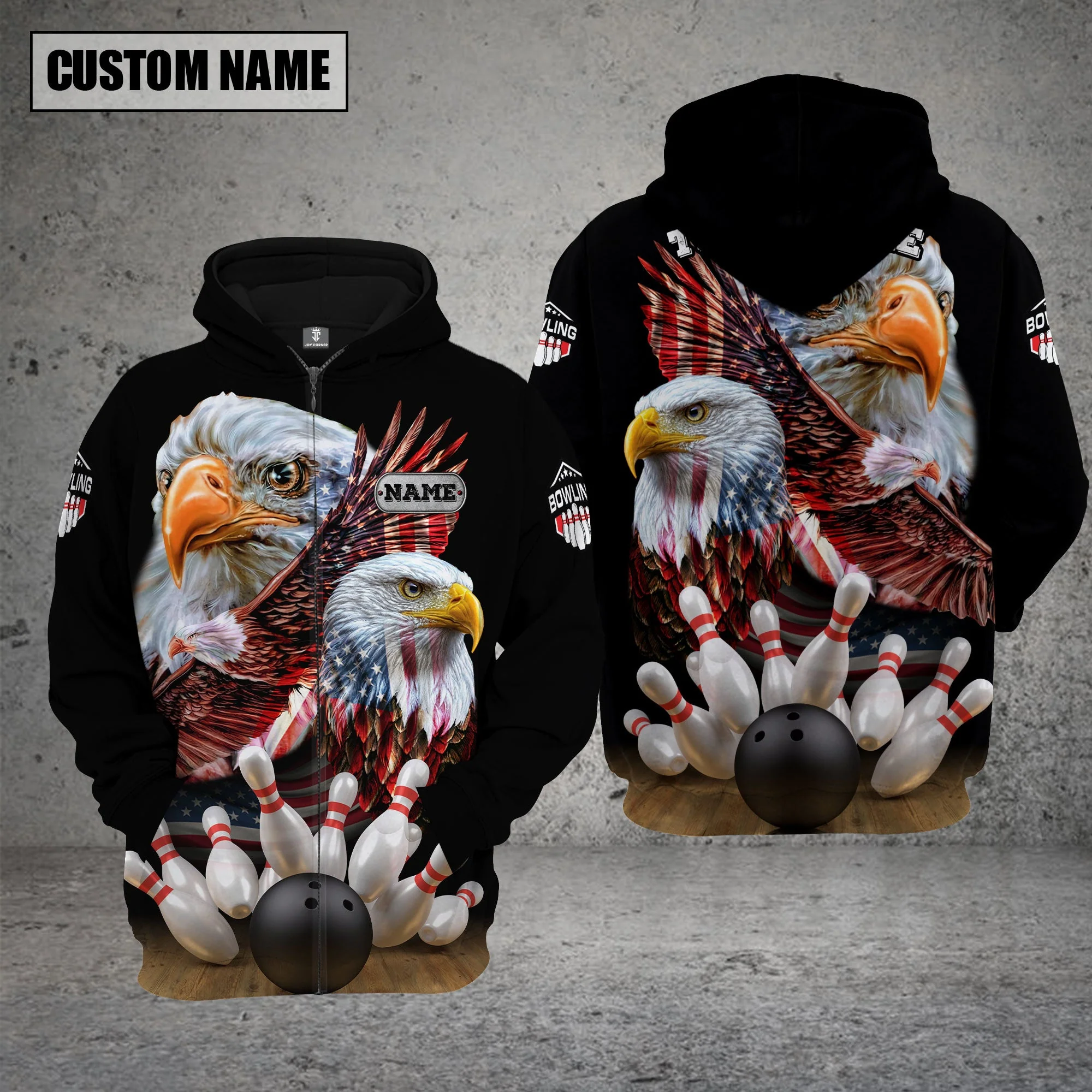 Customized Bowling Polo, Bowling And Pins American Eagles Pride Customized Name And Team Name And Team Zipper Polo Jerseys Shirts - Image 7