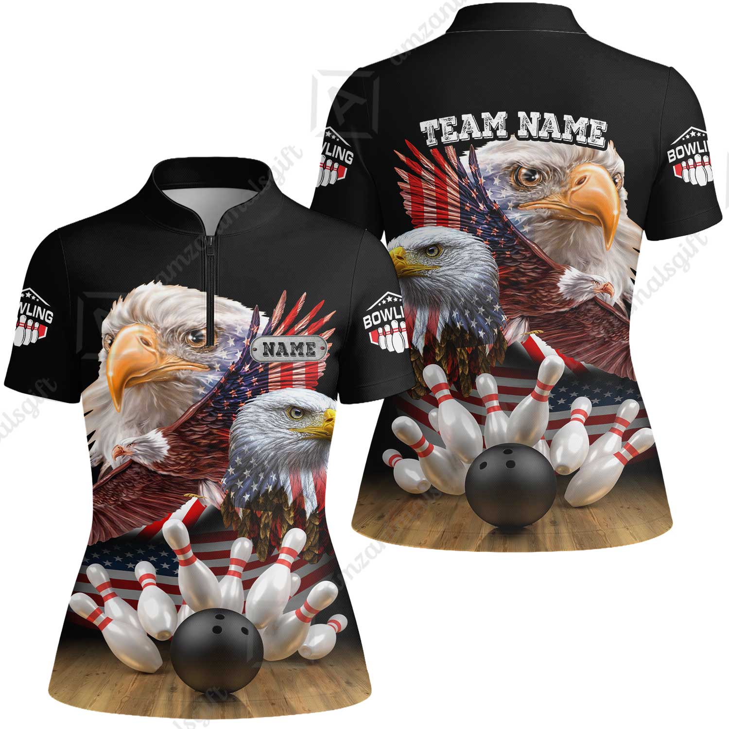 Customized Bowling Polo, Bowling And Pins American Eagles Pride Customized Name And Team Name And Team Zipper Polo Jerseys Shirts - Image 9