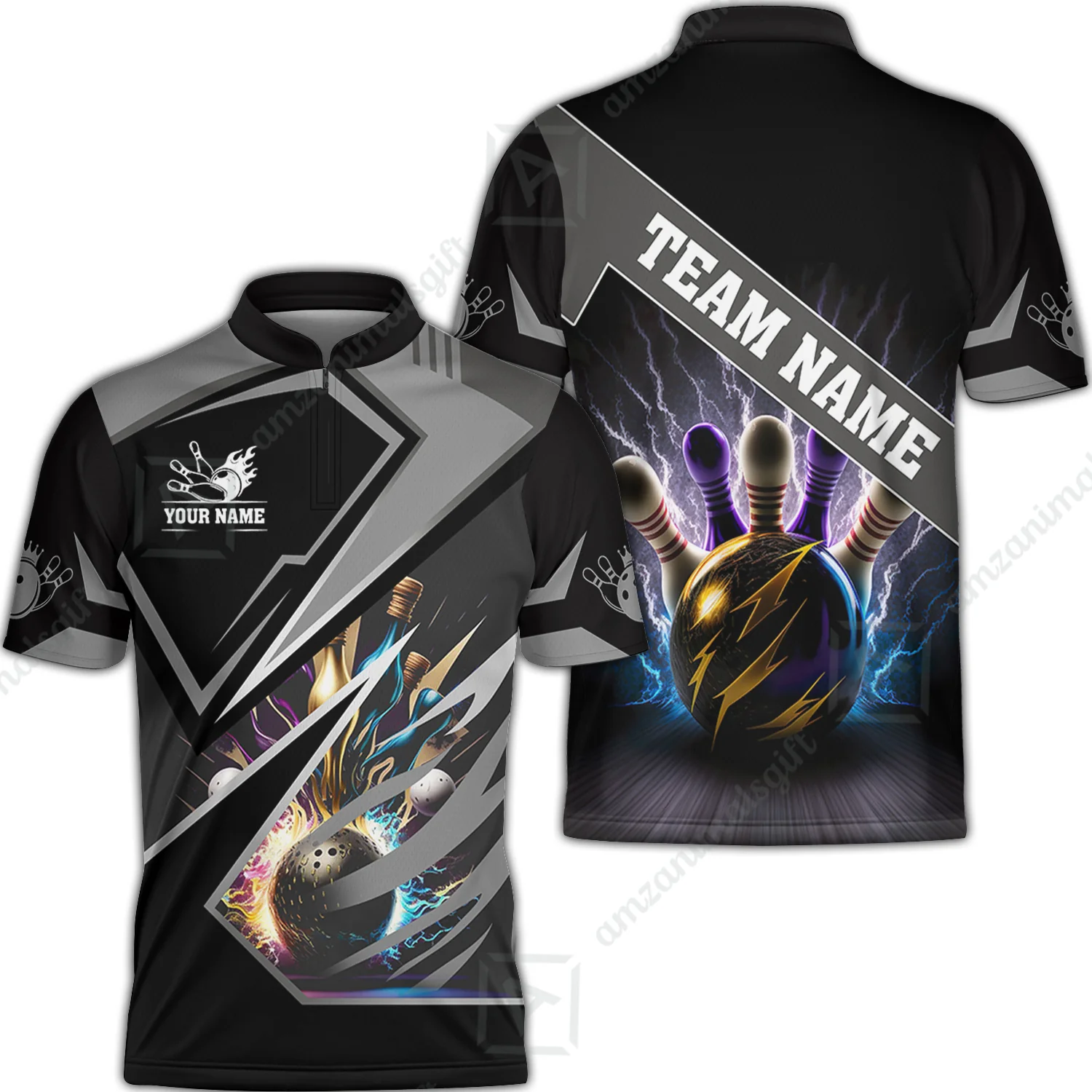 Customized Bowling Jersey Shirt, Bowling And Pins Premium Multicolor Option Customized Name And Team Zipper Polo Jerseys Shirts - Image 2